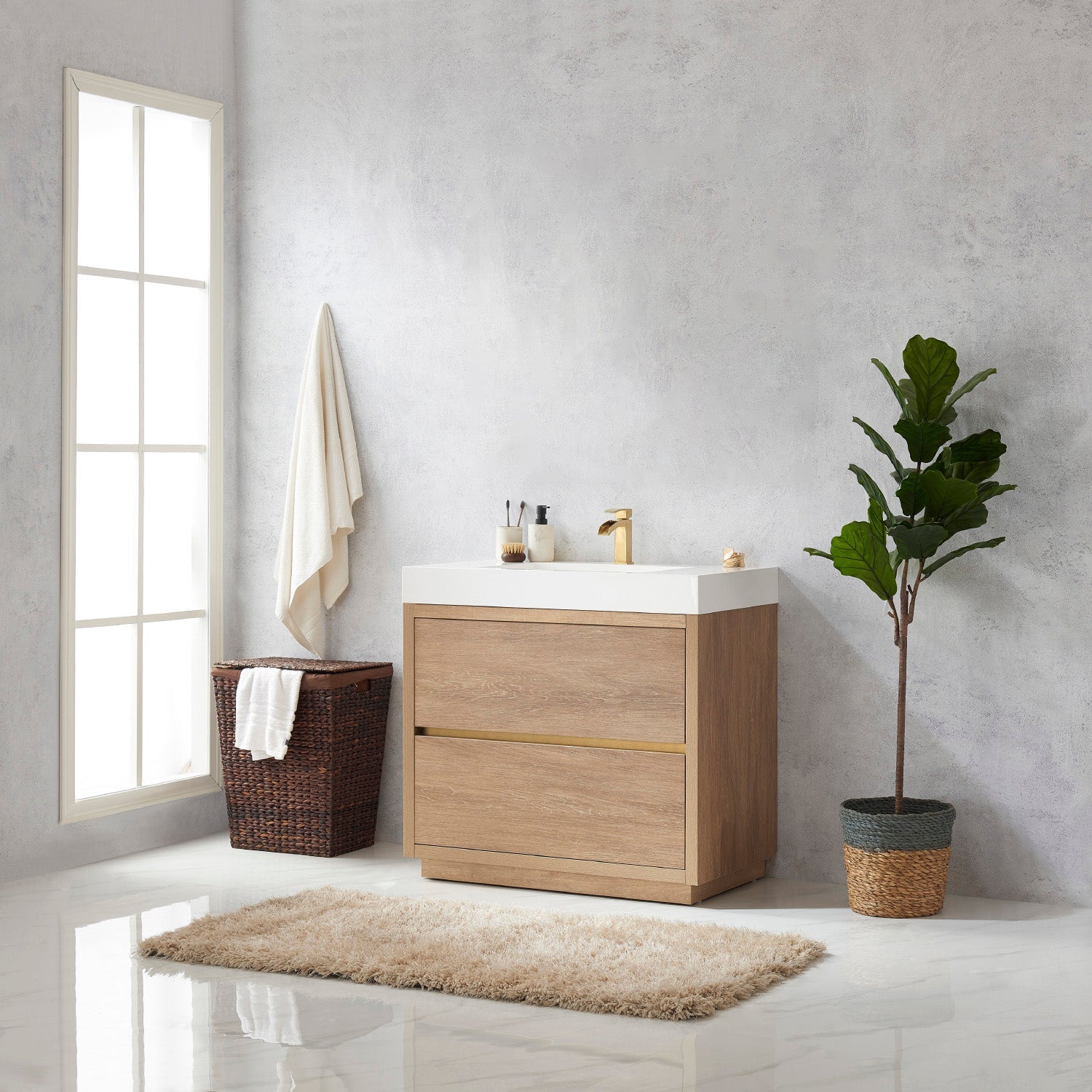 Vinnova Design Huesca 36" Single Sink Bath Vanity in North American Oak with White Composite Integral Square Sink Top - New Star Living