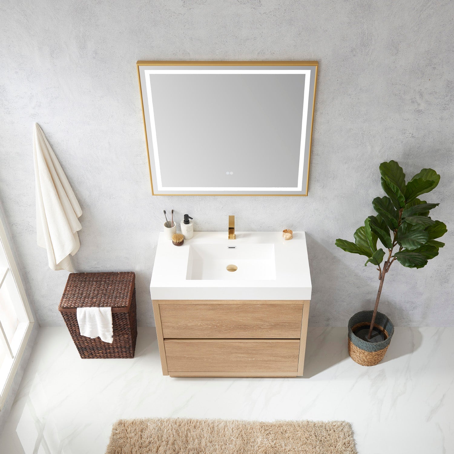 Vinnova Design Huesca 36" Single Sink Bath Vanity in North American Oak with White Composite Integral Square Sink Top - New Star Living