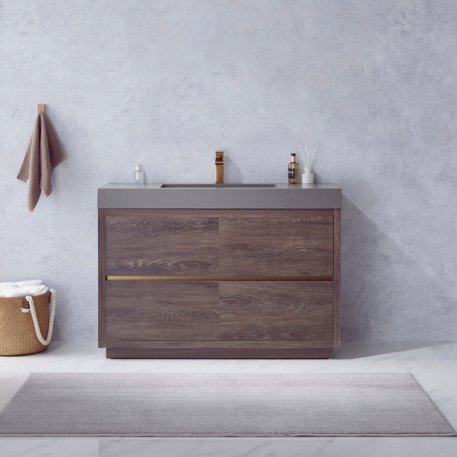 Vinnova Design Huesca 48" Single Sink Bath Vanity in North Carolina Oak with Grey Composite Integral Square Sink Top - New Star Living