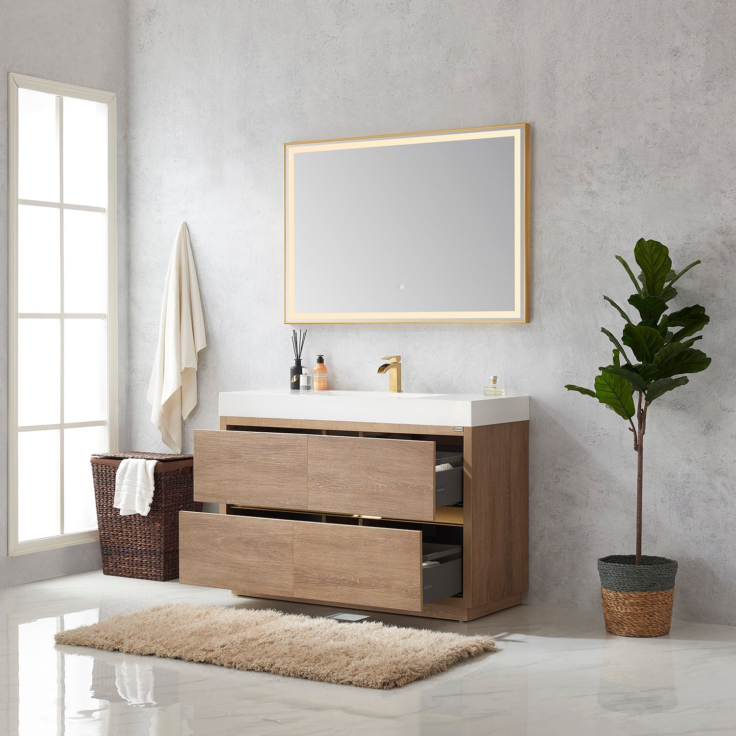 Vinnova Design Huesca 48" Single Sink Bath Vanity in North American Oak with White Composite Integral Square Sink Top - New Star Living