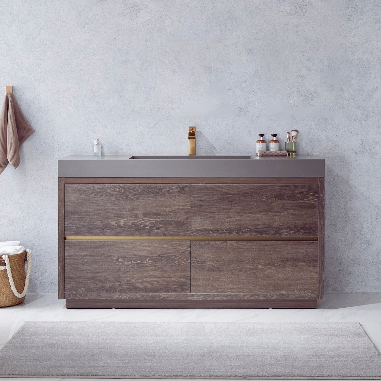 Vinnova Design Huesca 60" Single Sink Bath Vanity in North Carolina Oak with Grey Composite Integral Square Sink Top - New Star Living