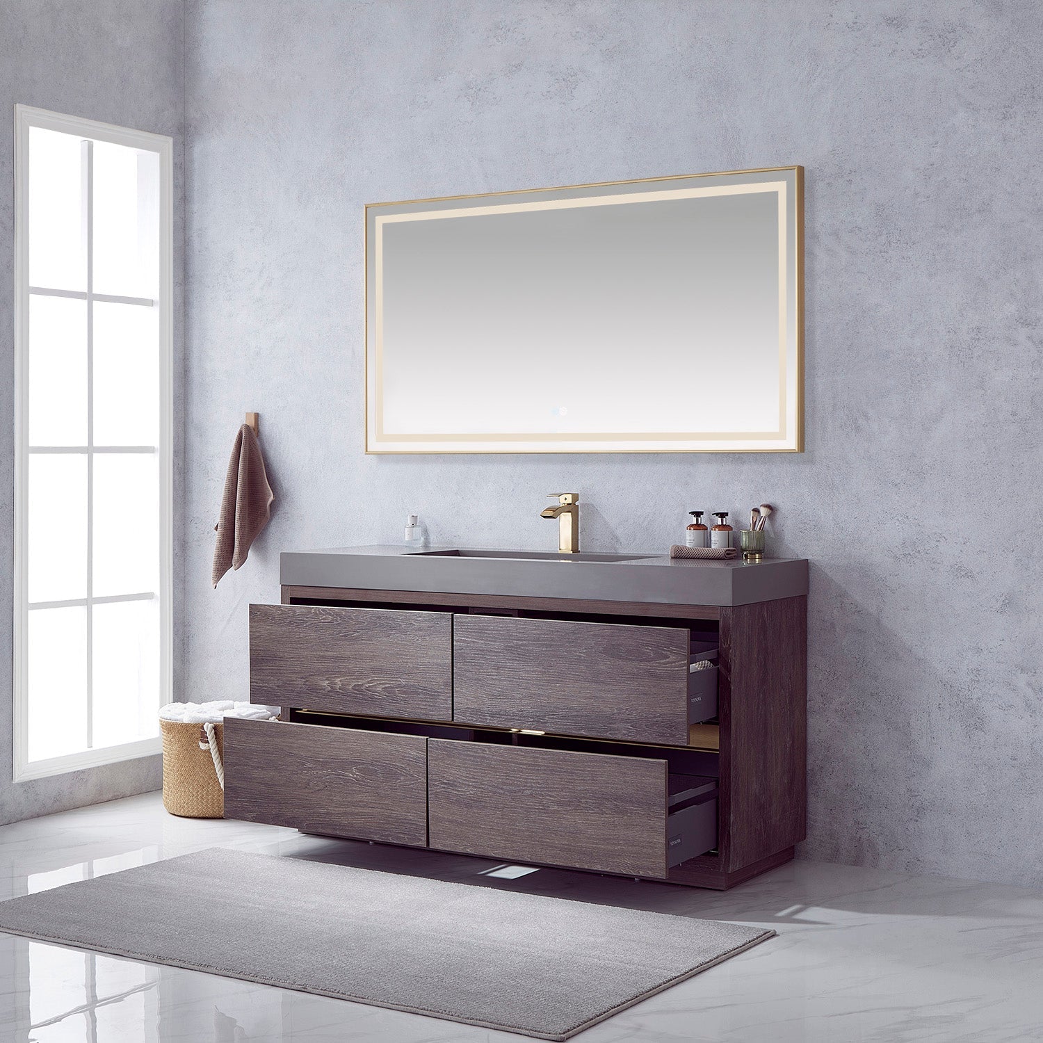 Vinnova Design Huesca 60" Single Sink Bath Vanity in North Carolina Oak with Grey Composite Integral Square Sink Top - New Star Living
