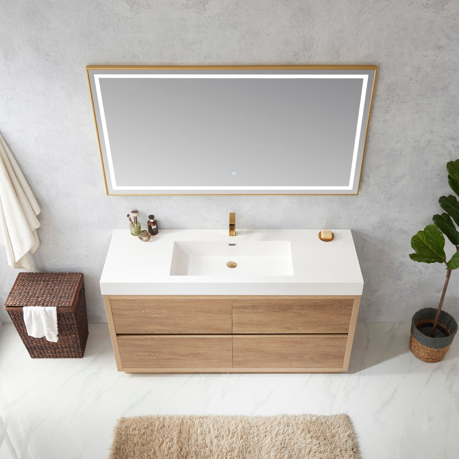 Vinnova Design Huesca 60" Single Sink Bath Vanity in North American Oak with White Composite Integral Square Sink Top - New Star Living
