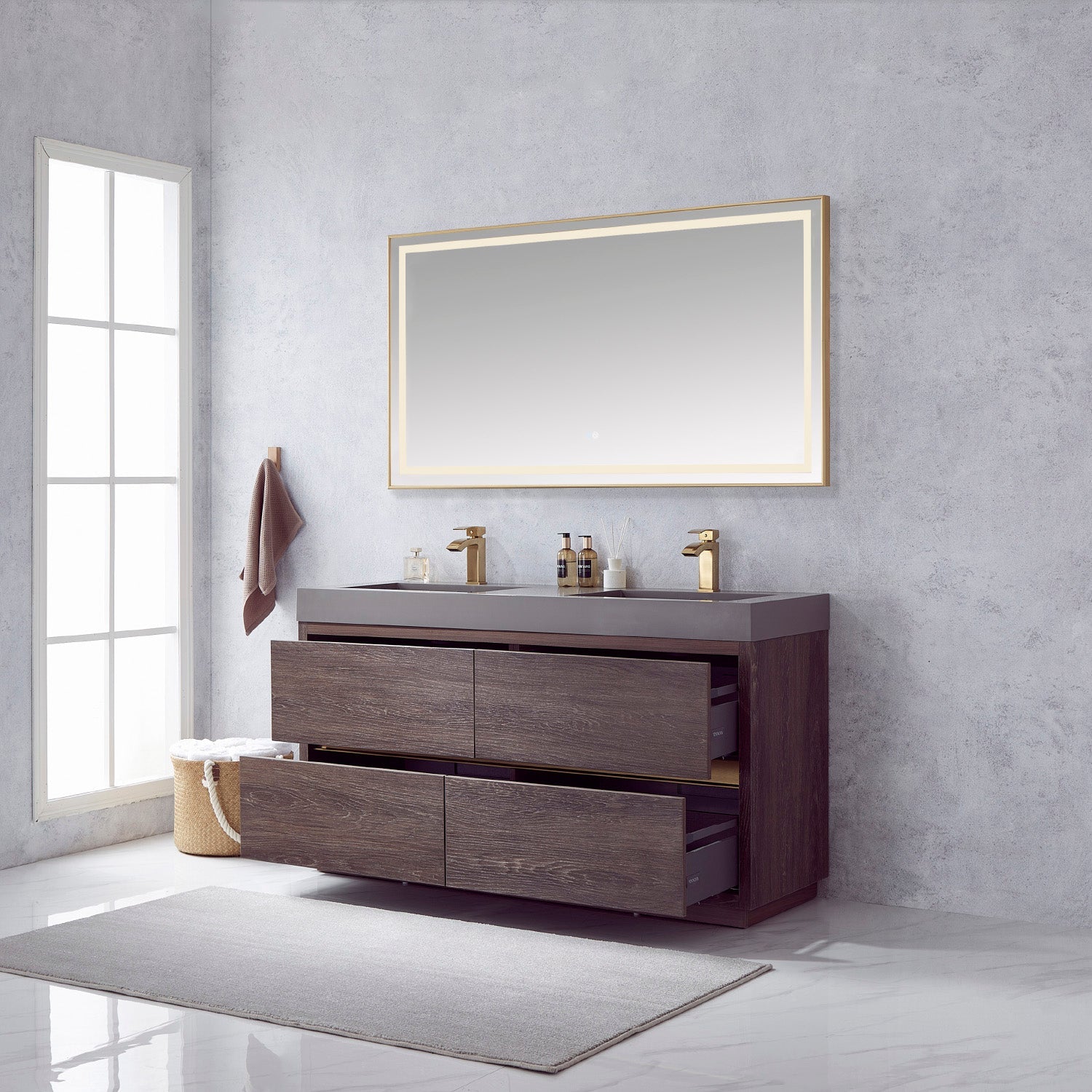 Vinnova Design Huesca 60M" Double Sink Bath Vanity in North Carolina Oak with Grey Composite Integral Square Sink Top - New Star Living