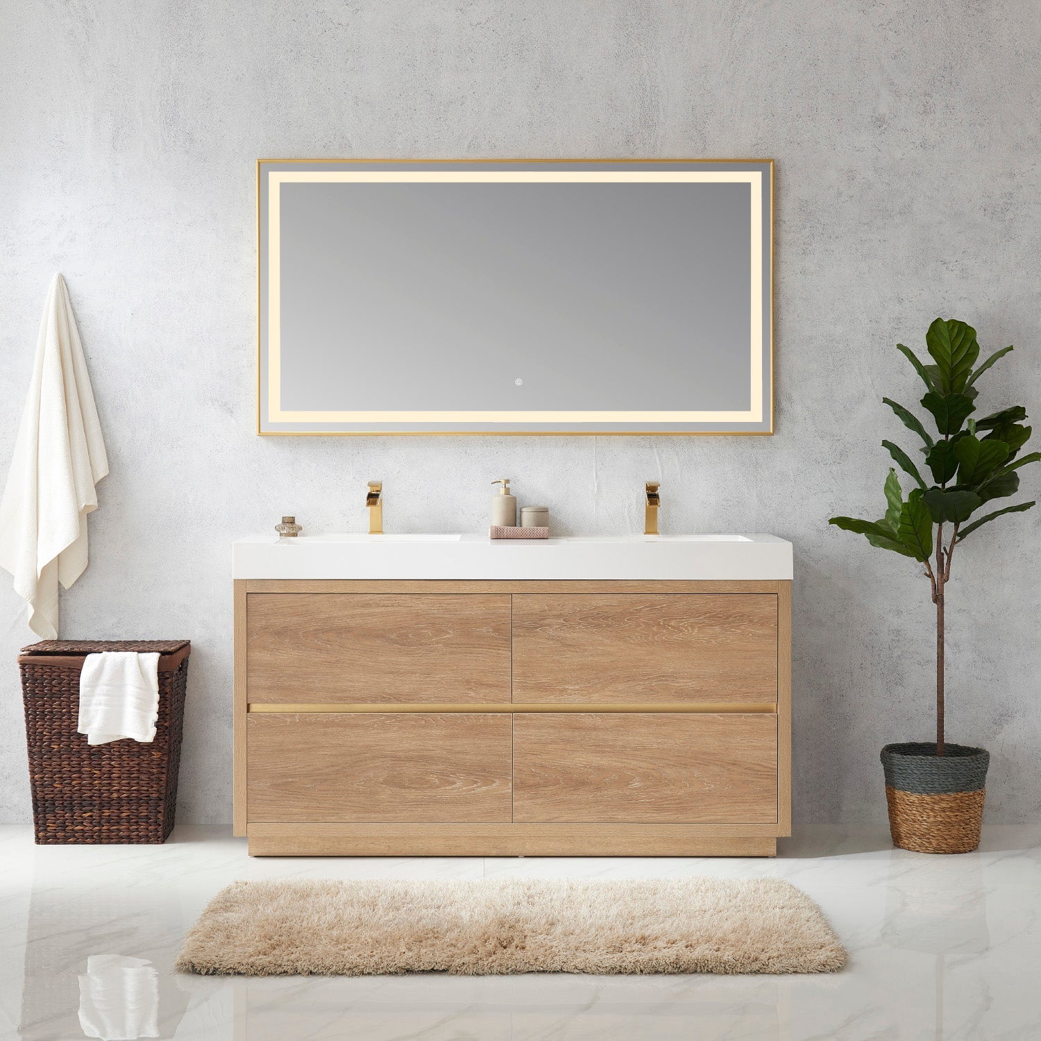 Vinnova Design Huesca 60M" Double Sink Bath Vanity in North American Oak with White Composite Integral Square Sink Top - New Star Living