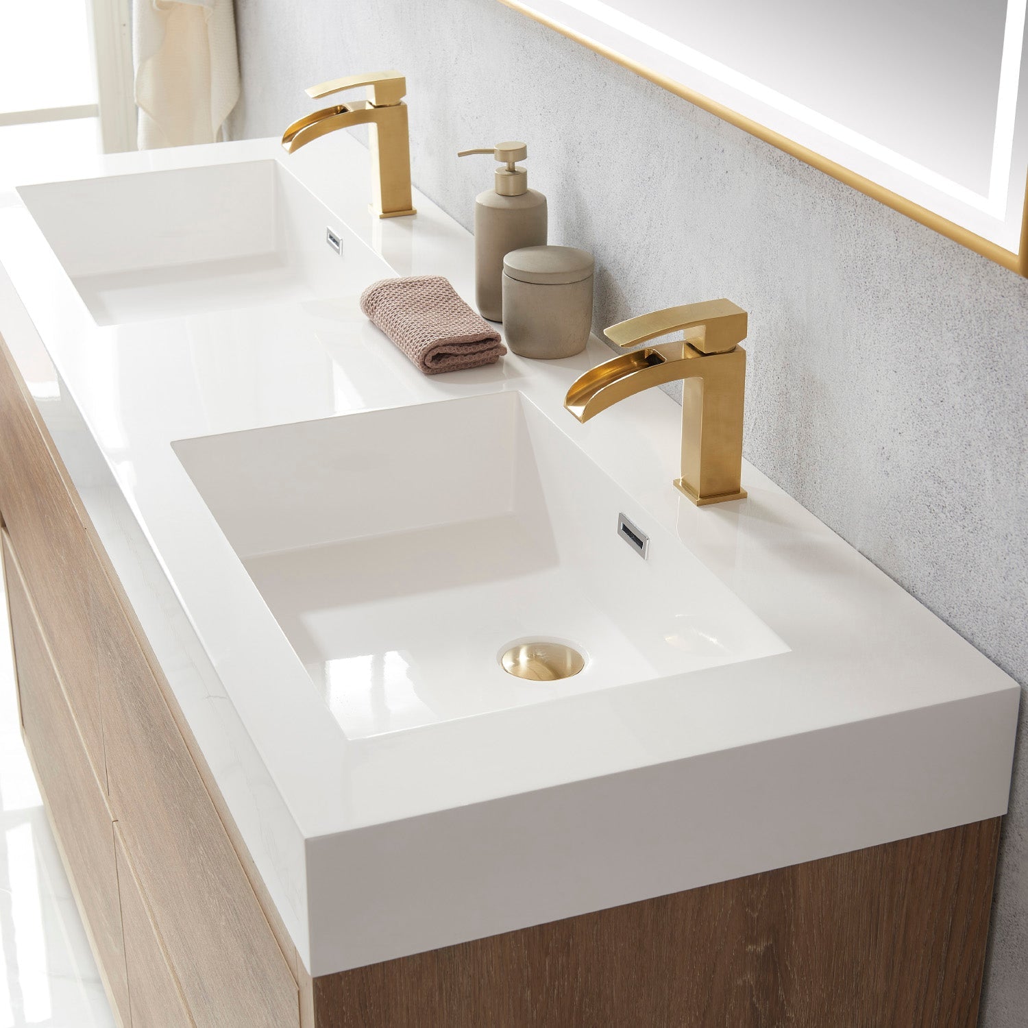 Vinnova Design Huesca 60M" Double Sink Bath Vanity in North American Oak with White Composite Integral Square Sink Top - New Star Living