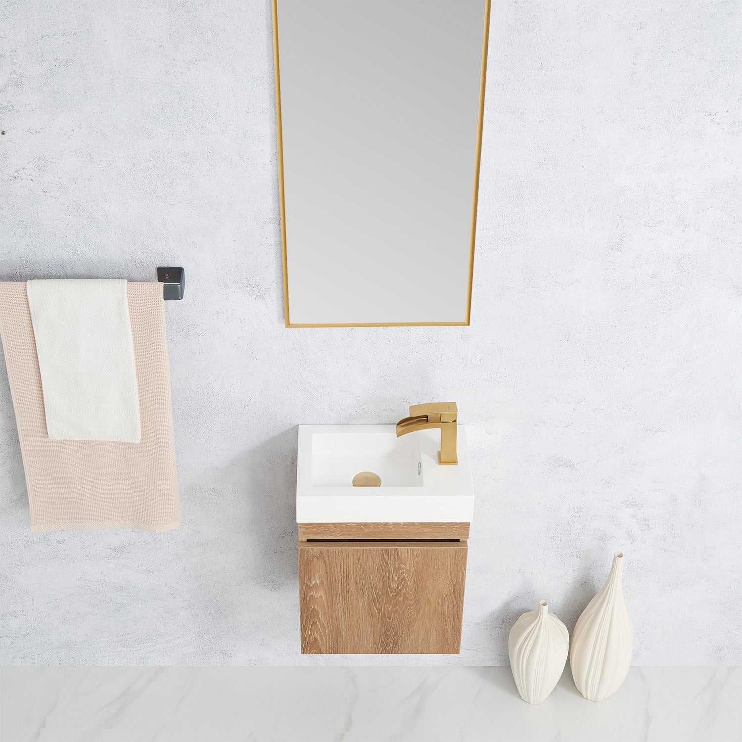 Vinnova Design Palencia 16" Single Sink Wall Mount Bath Vanity in North American Oak with White Composite Integral Square Sink Top - New Star Living