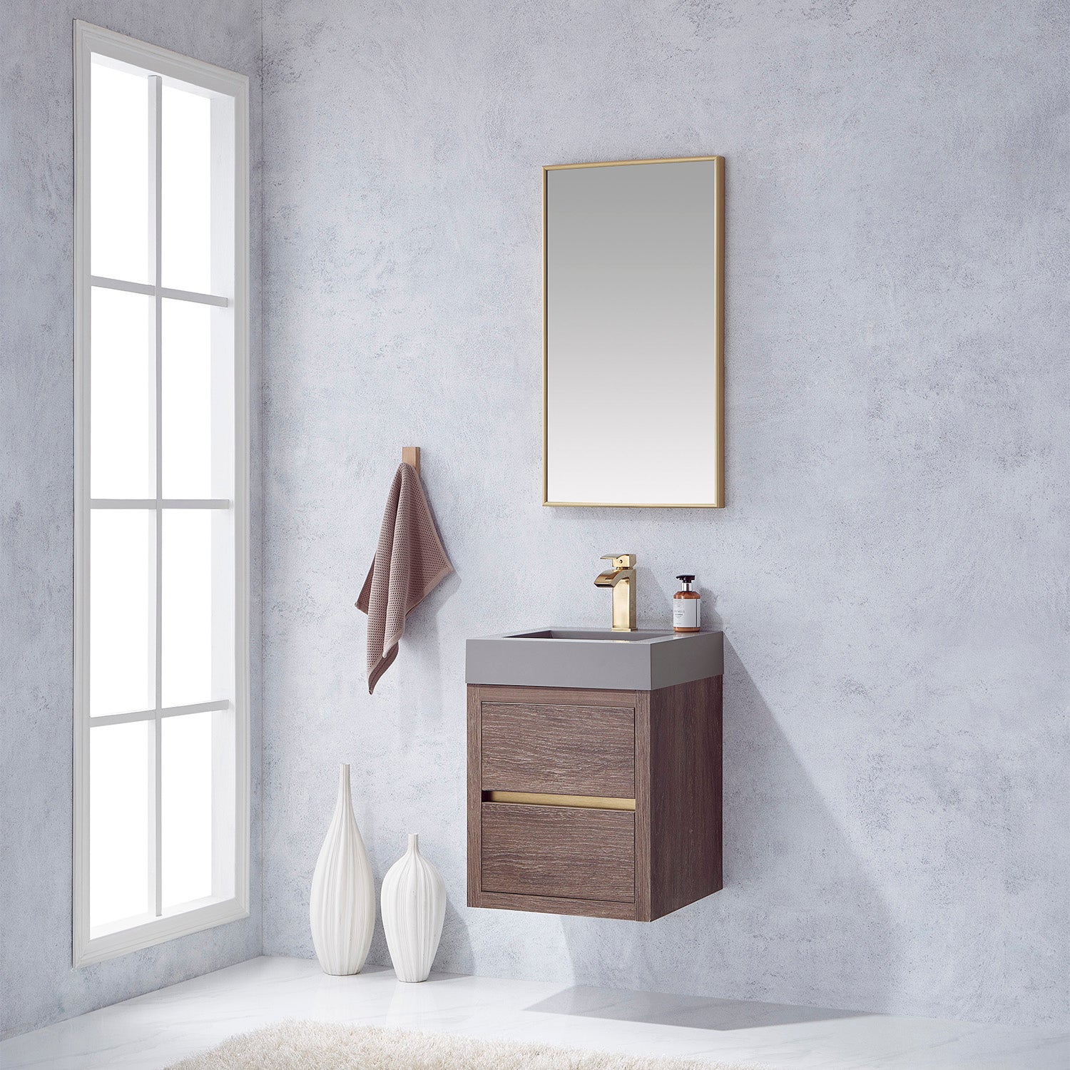 Vinnova Design Palencia 18" Single Sink Wall Mount Bath Vanity in North Carolina Oak with Grey Composite Integral Square Sink Top - New Star Living