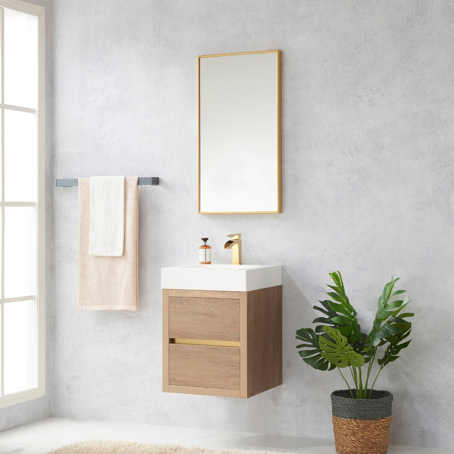 Vinnova Design Palencia 18" Single Sink Wall Mount Bath Vanity in North American Oak with White Composite Integral Square Sink Top - New Star Living