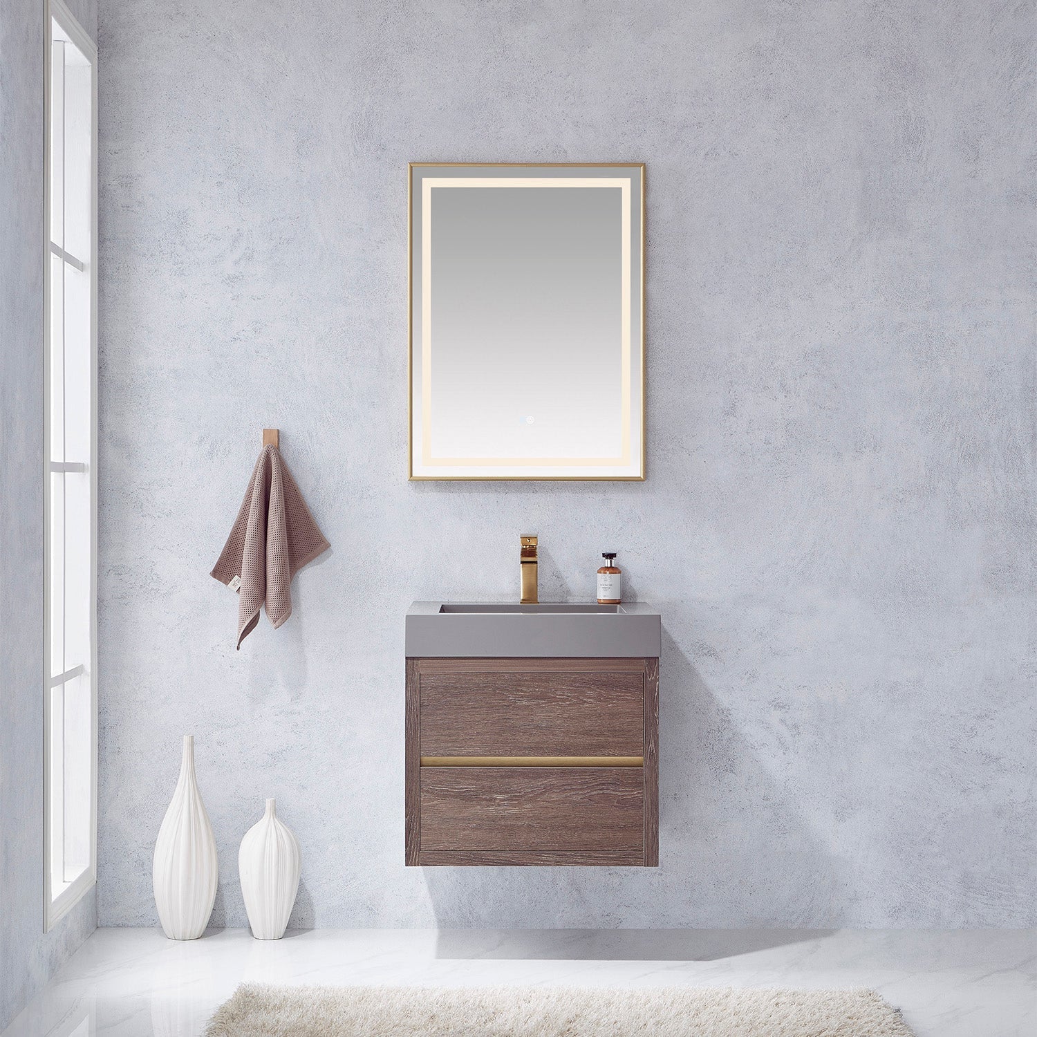 Vinnova Design Palencia 24" Single Sink Wall Mount Bath Vanity in North Carolina Oak with Grey Composite Integral Square Sink Top - New Star Living