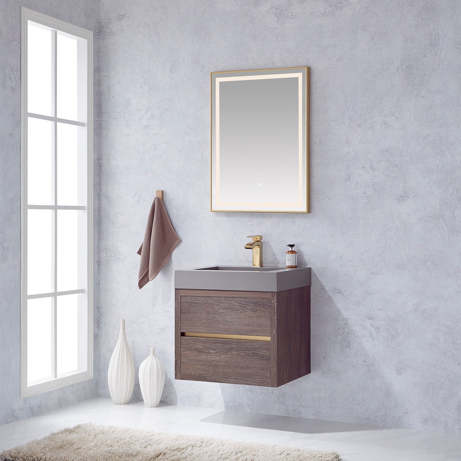 Vinnova Design Palencia 24" Single Sink Wall Mount Bath Vanity in North Carolina Oak with Grey Composite Integral Square Sink Top - New Star Living