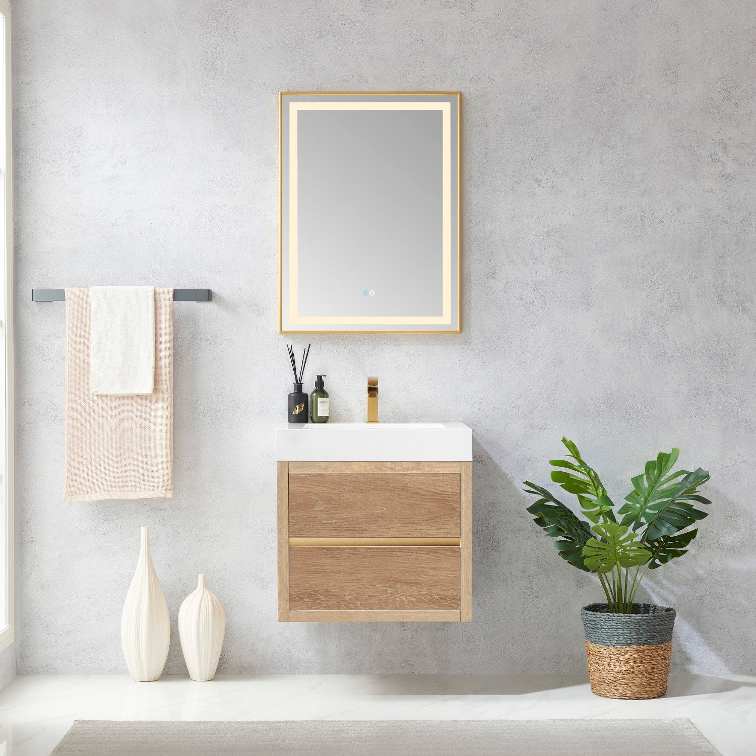 Vinnova Design Palencia 24" Single Sink Wall Mount Bath Vanity in North American Oak with White Composite Integral Square Sink Top - New Star Living