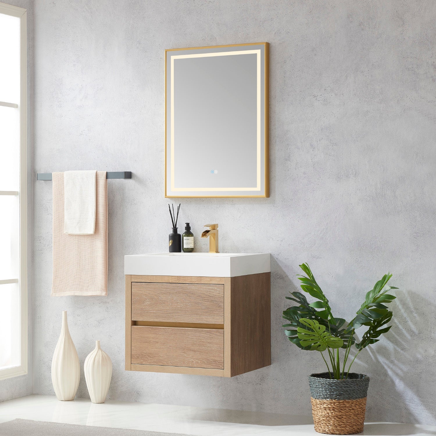 Vinnova Design Palencia 24" Single Sink Wall Mount Bath Vanity in North American Oak with White Composite Integral Square Sink Top - New Star Living