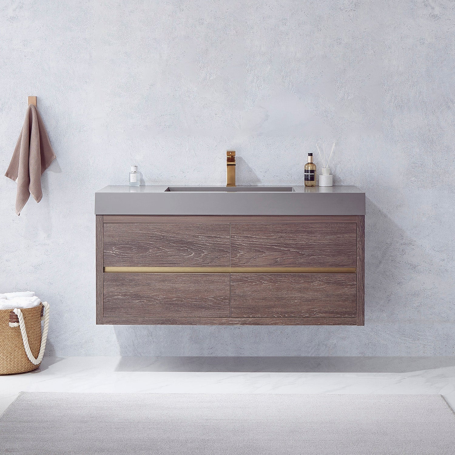 Vinnova Design Palencia 48" Single Sink Wall Mount Bath Vanity in North Carolina Oak with Grey Composite Integral Square Sink Top - New Star Living