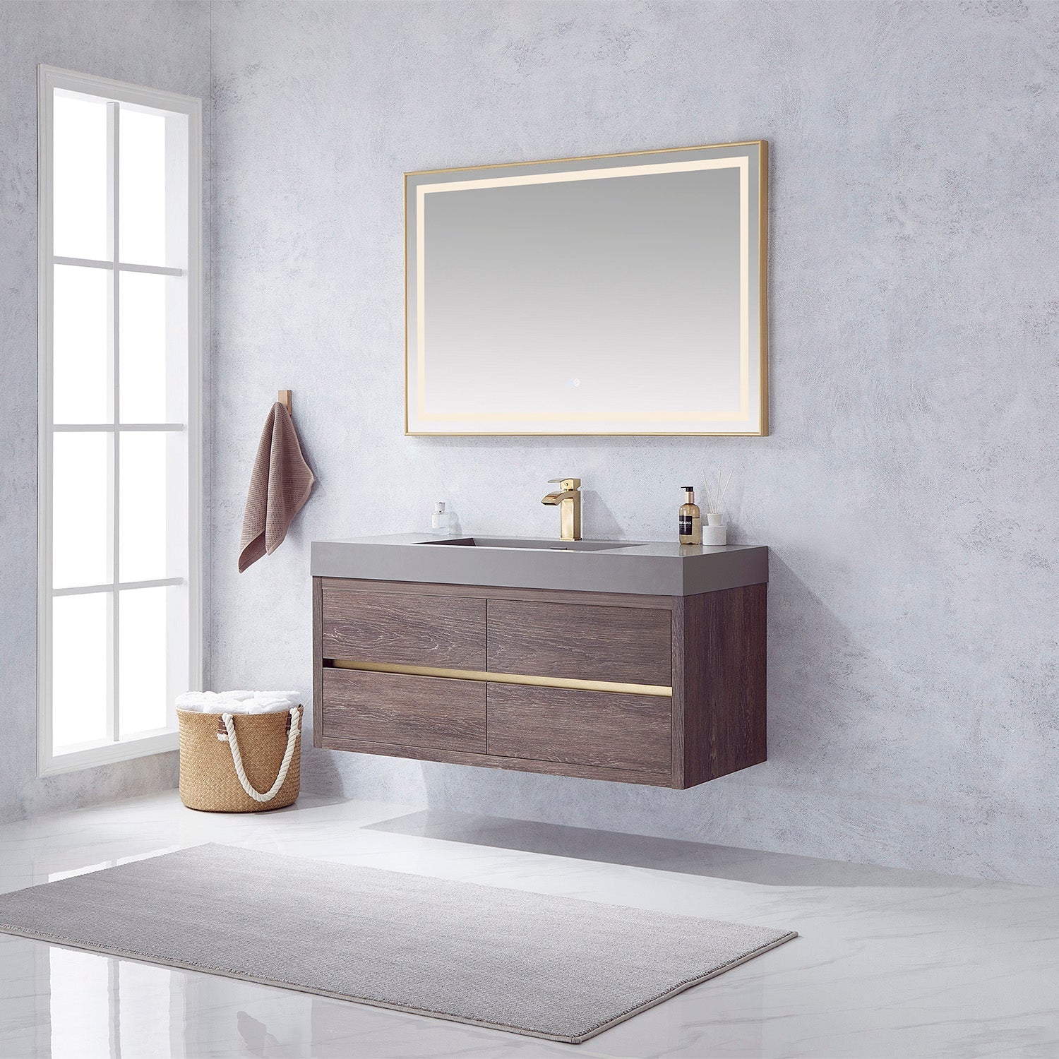 Vinnova Design Palencia 48" Single Sink Wall Mount Bath Vanity in North Carolina Oak with Grey Composite Integral Square Sink Top - New Star Living