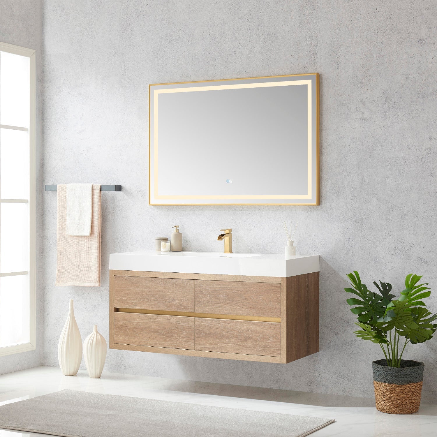 Vinnova Design Palencia 48" Single Sink Wall Mount Bath Vanity in North American Oak with White Composite Integral Square Sink Top - New Star Living