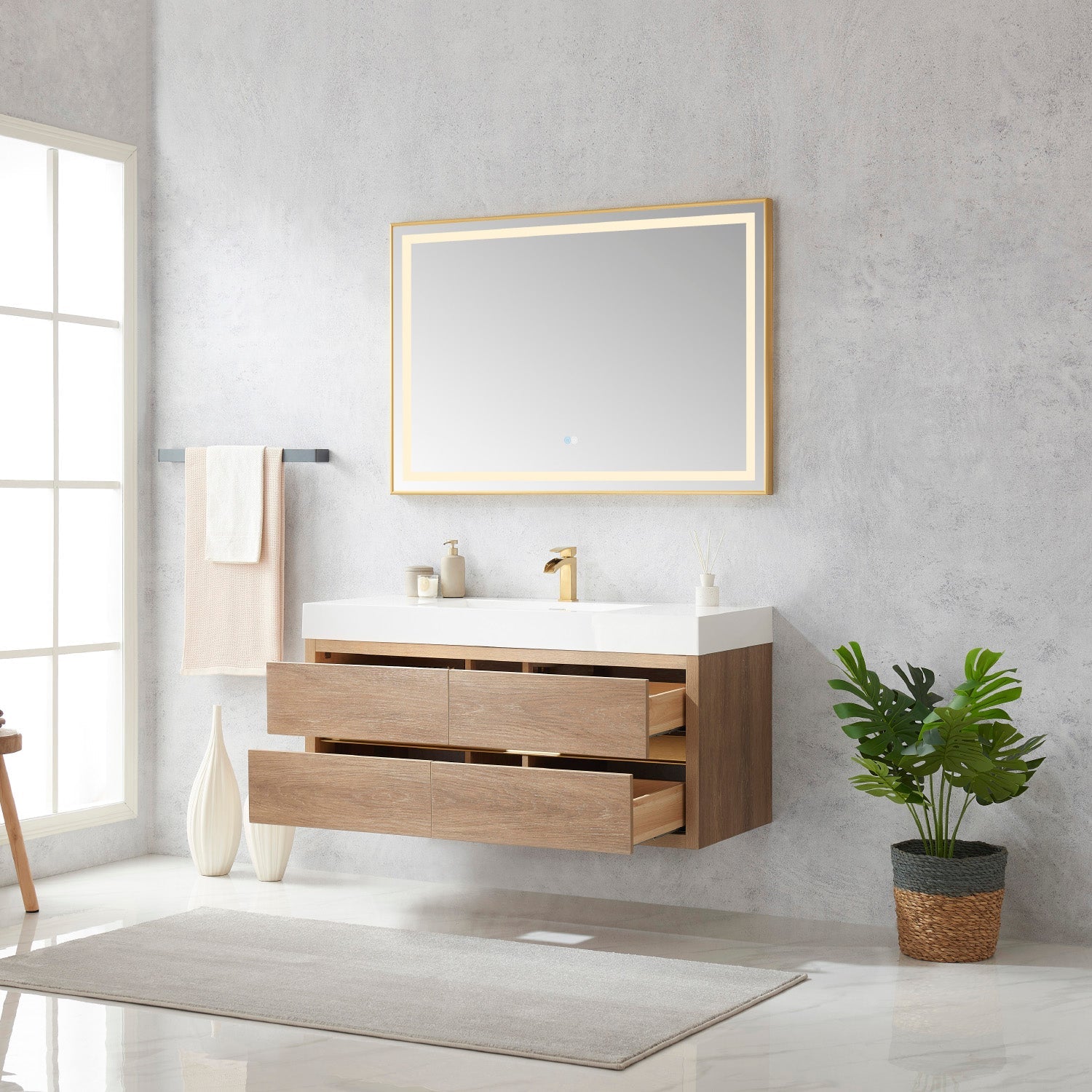Vinnova Design Palencia 48" Single Sink Wall Mount Bath Vanity in North American Oak with White Composite Integral Square Sink Top - New Star Living
