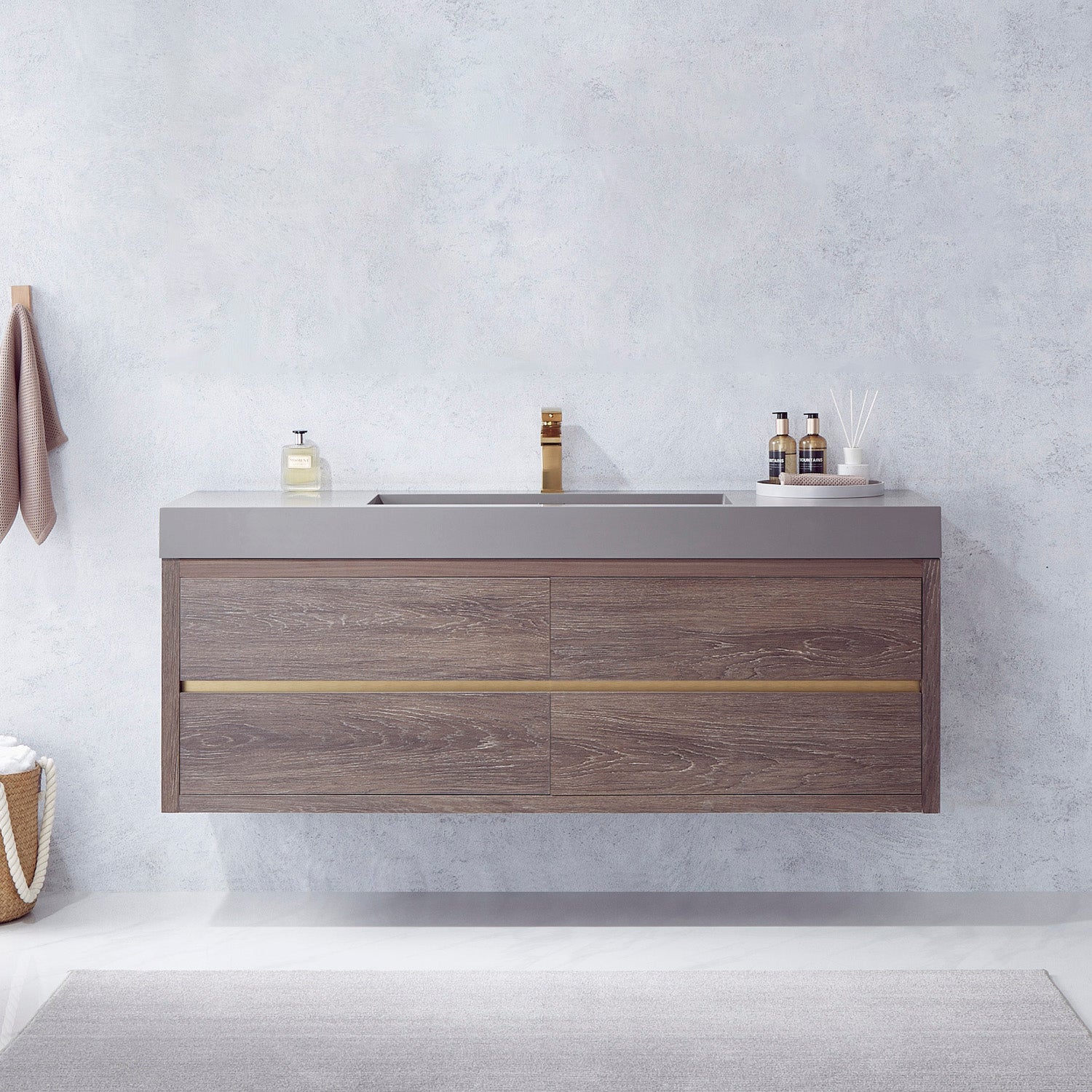 Vinnova Design Palencia 60" Single Sink Wall Mount Bath Vanity in North Carolina Oak with Grey Composite Integral Square Sink Top - New Star Living