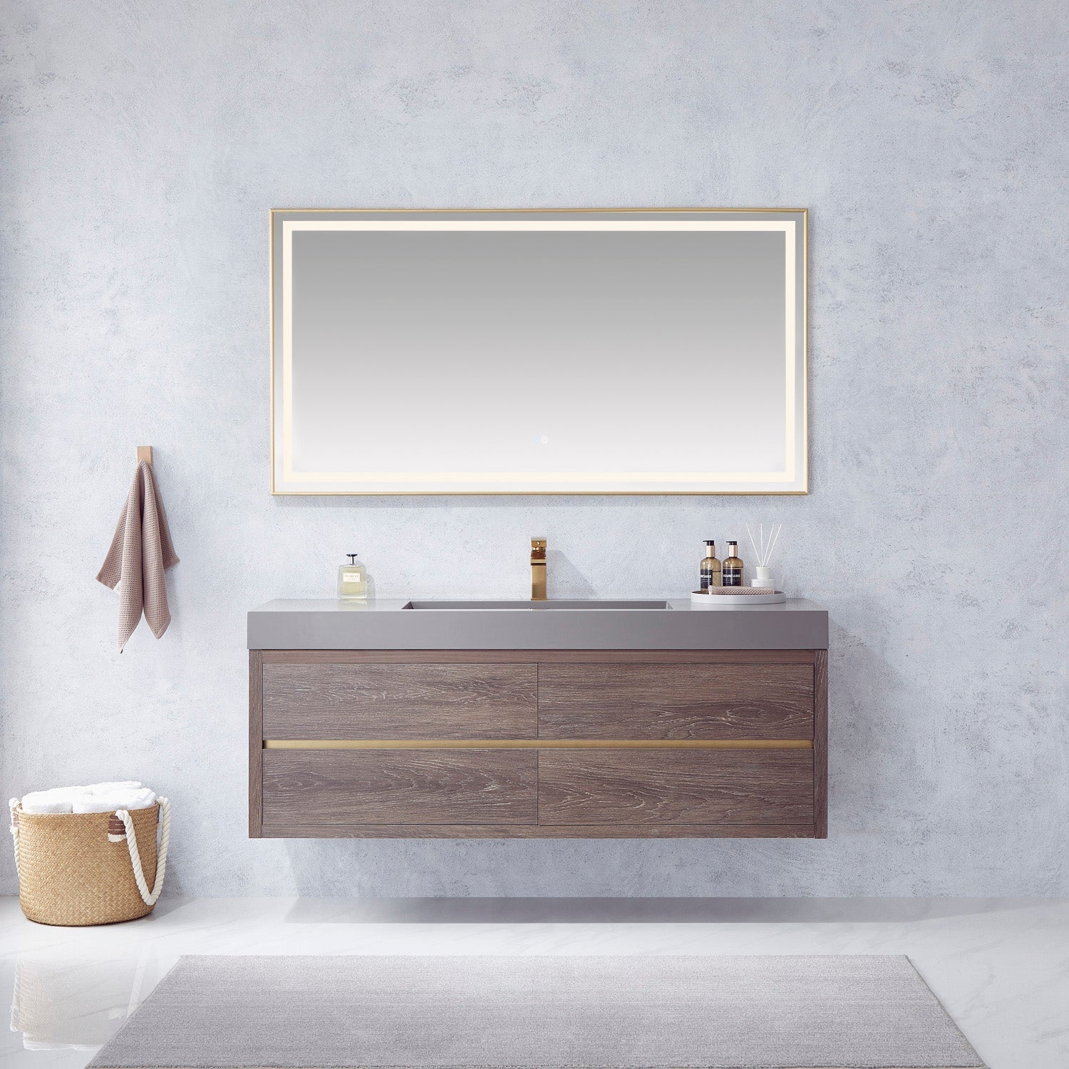 Vinnova Design Palencia 60" Single Sink Wall Mount Bath Vanity in North Carolina Oak with Grey Composite Integral Square Sink Top - New Star Living