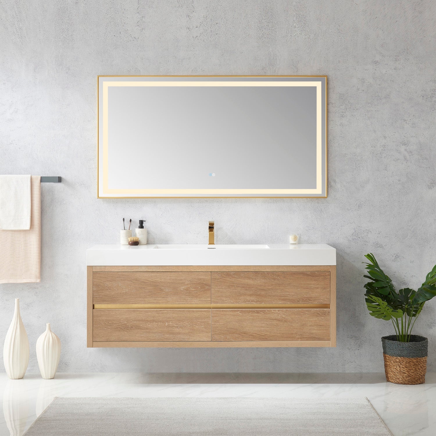 Vinnova Design Palencia 60" Single Sink Wall Mount Bath Vanity in North American Oak with White Composite Integral Square Sink Top - New Star Living