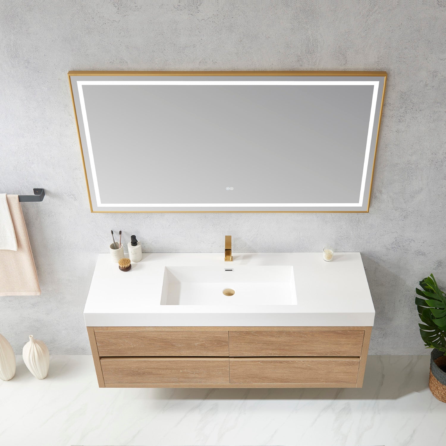 Vinnova Design Palencia 60" Single Sink Wall Mount Bath Vanity in North American Oak with White Composite Integral Square Sink Top - New Star Living