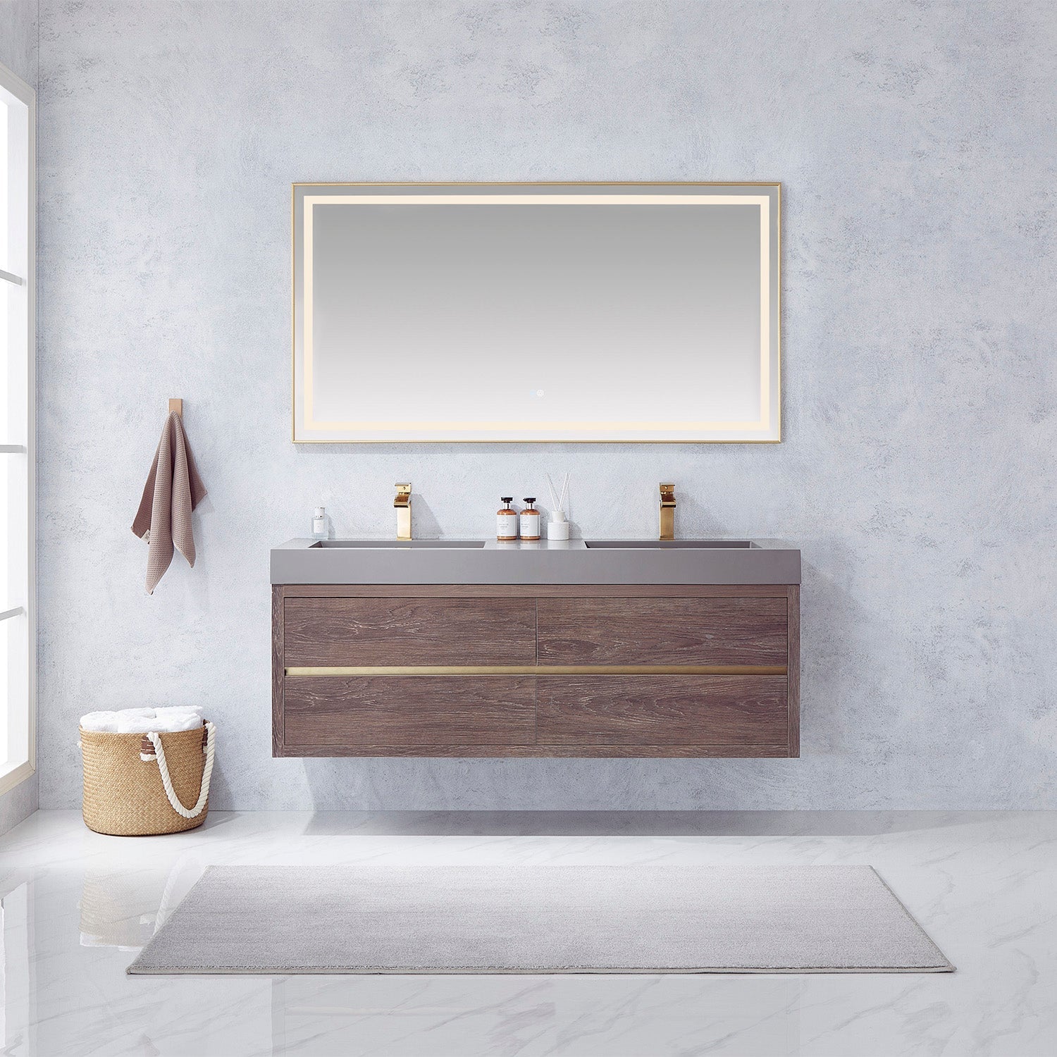 Vinnova Design Palencia 60M" Double Sink Wall Mount Bath Vanity in North Carolina Oak with Grey Composite Integral Square Sink Top - New Star Living