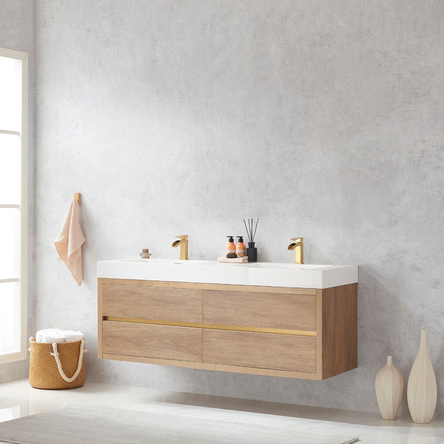 Vinnova Design Palencia 60M" Double Sink Wall Mount Bath Vanity in North American Oak with White Composite Integral Square Sink Top - New Star Living