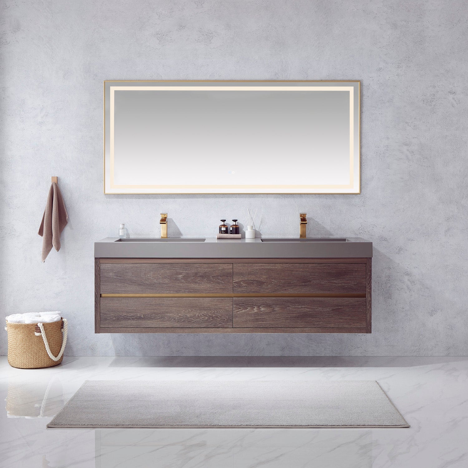 Vinnova Design Palencia 72" Double Sink Wall Mount Bath Vanity in North Carolina Oak with Grey Composite Integral Square Sink Top - New Star Living