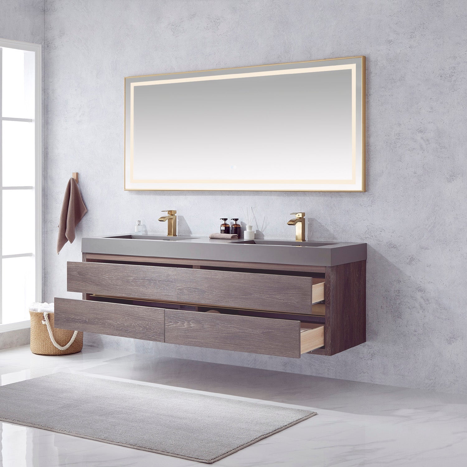 Vinnova Design Palencia 72" Double Sink Wall Mount Bath Vanity in North Carolina Oak with Grey Composite Integral Square Sink Top - New Star Living