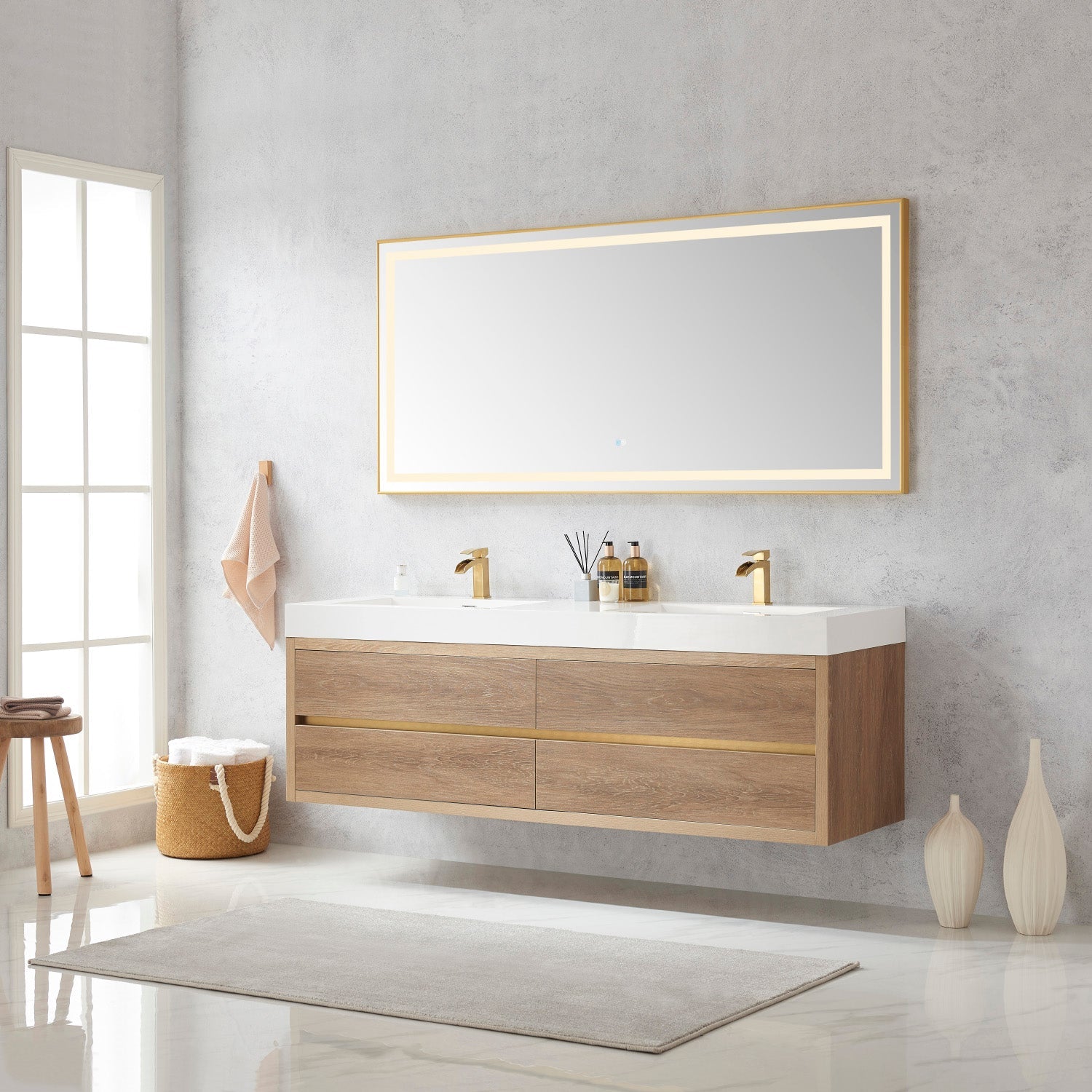 Vinnova Design Palencia 72" Double Sink Wall Mount Bath Vanity in North American Oak with White Composite Integral Square Sink Top - New Star Living