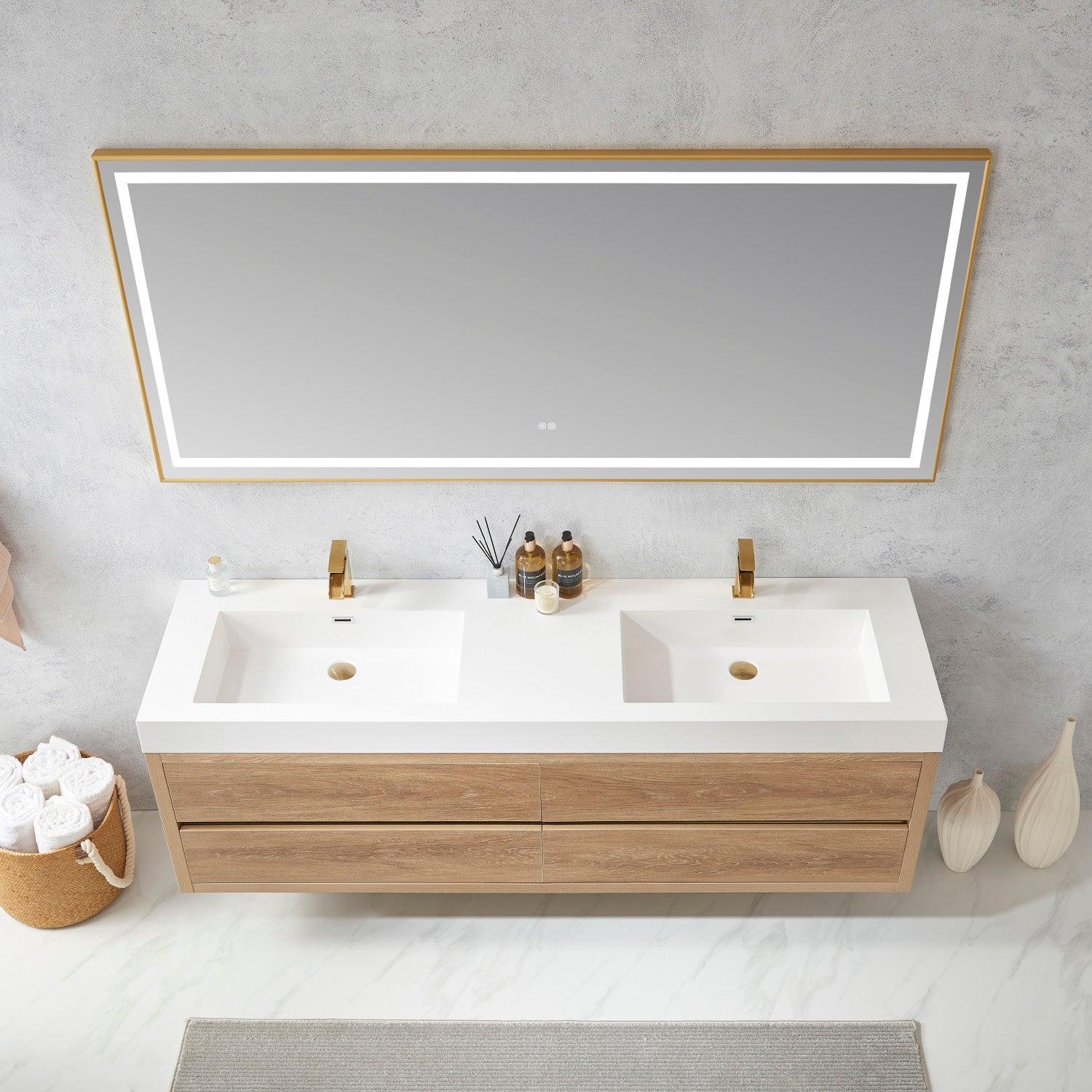 Vinnova Design Palencia 72" Double Sink Wall Mount Bath Vanity in North American Oak with White Composite Integral Square Sink Top - New Star Living