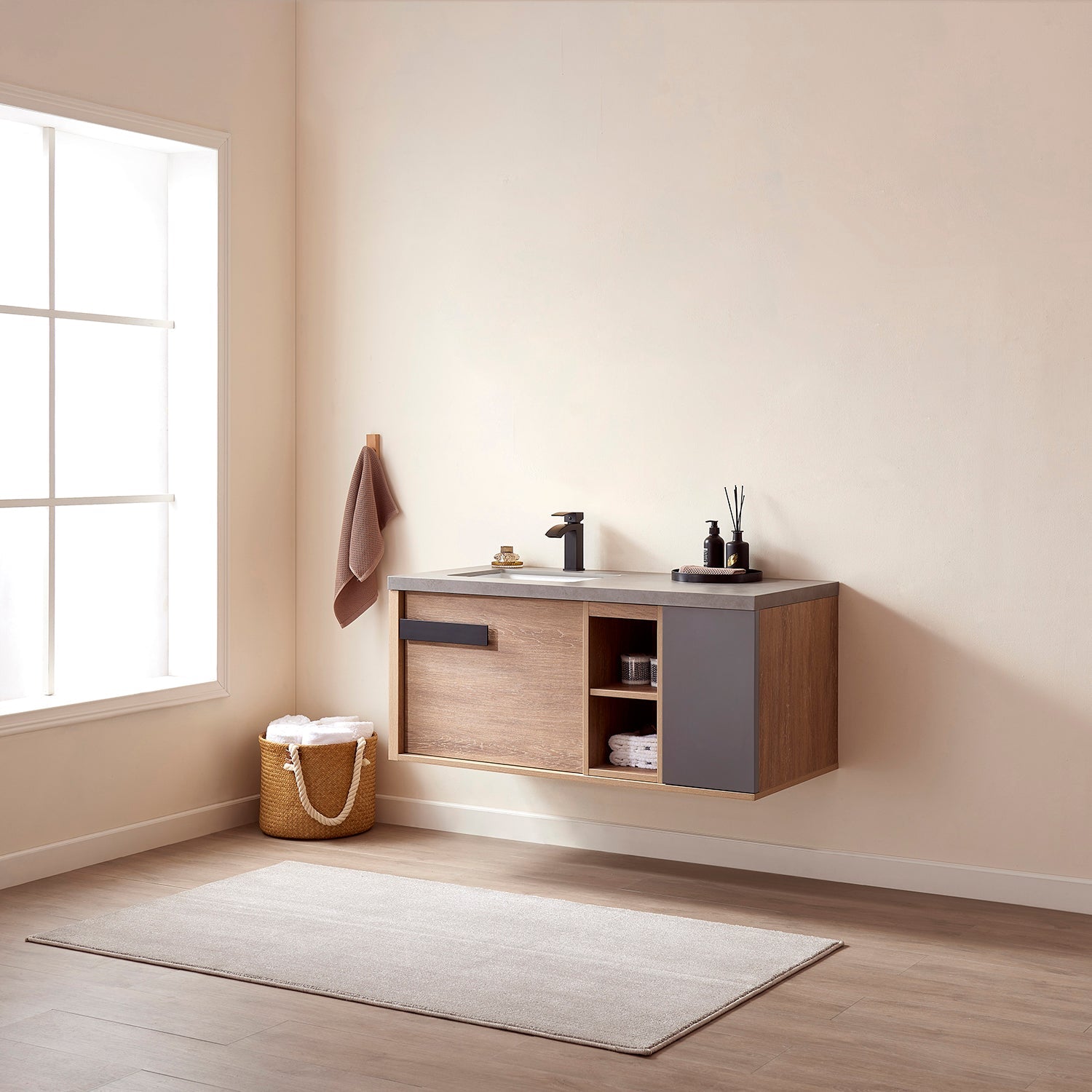 Vinnova Design Carcastillo 47" Single Sink Bath Vanity in North American Oak with Grey Sintered Stone Top - New Star Living