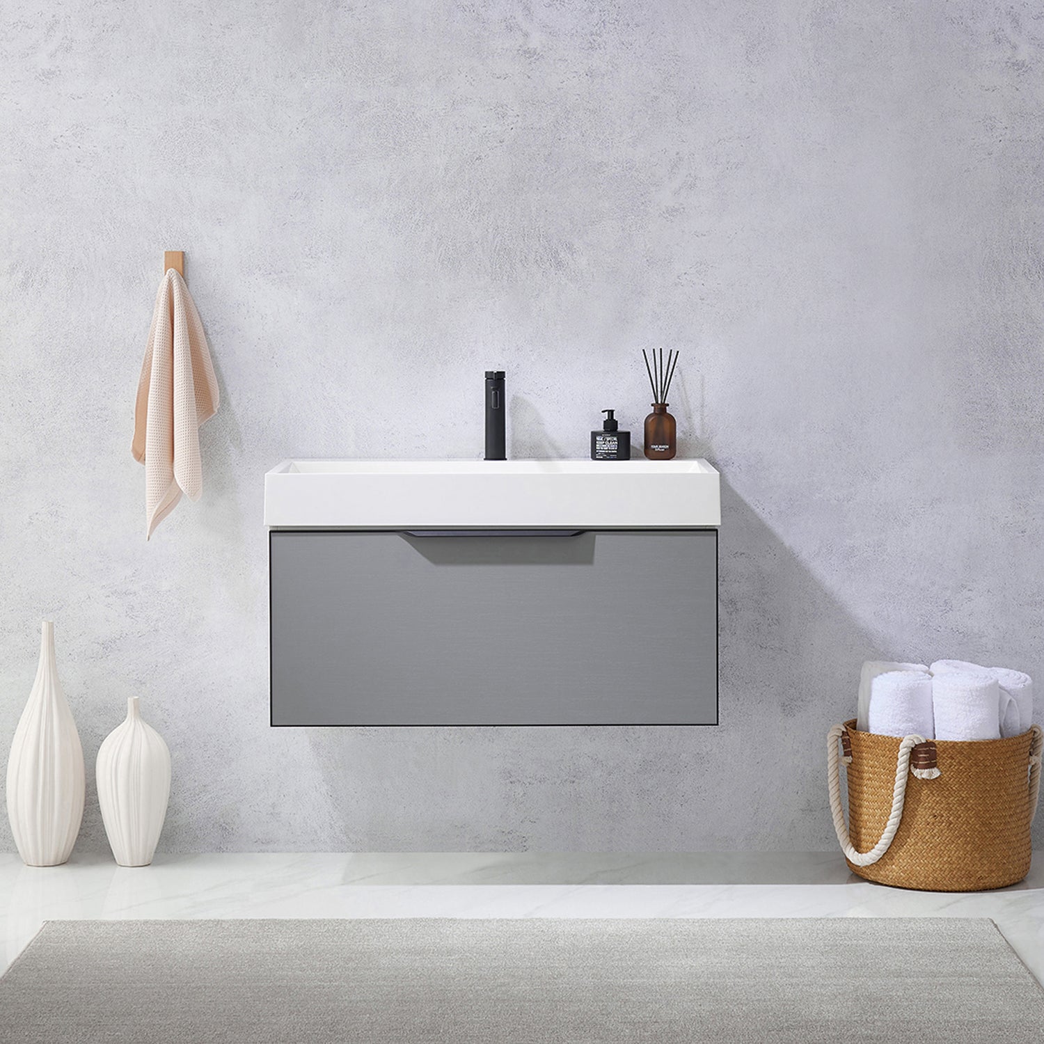 Vinnova Design Vegadeo 36" Single Sink Bath Vanity in Grey with White One Piece Composite Stone Sink Top - New Star Living