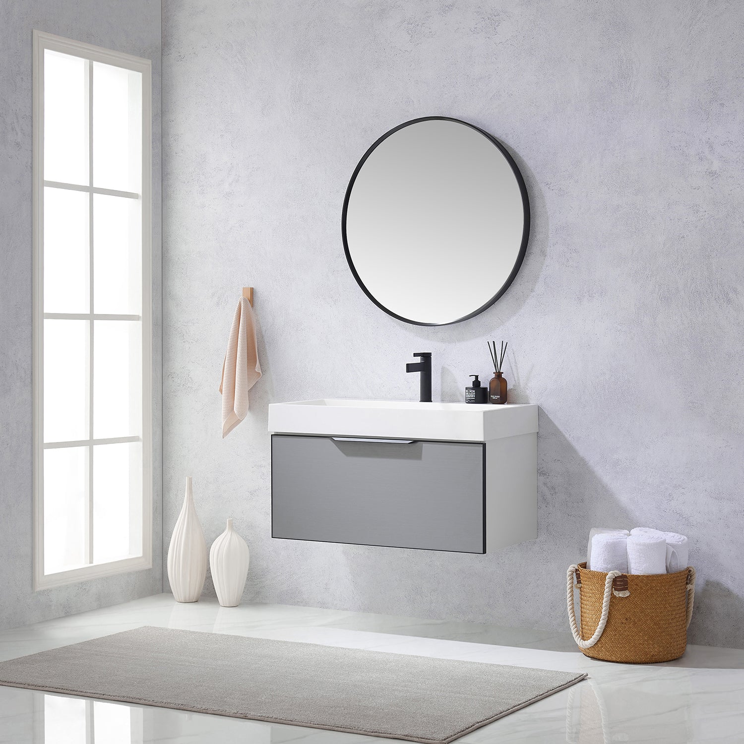 Vinnova Design Vegadeo 36" Single Sink Bath Vanity in Grey with White One Piece Composite Stone Sink Top - New Star Living