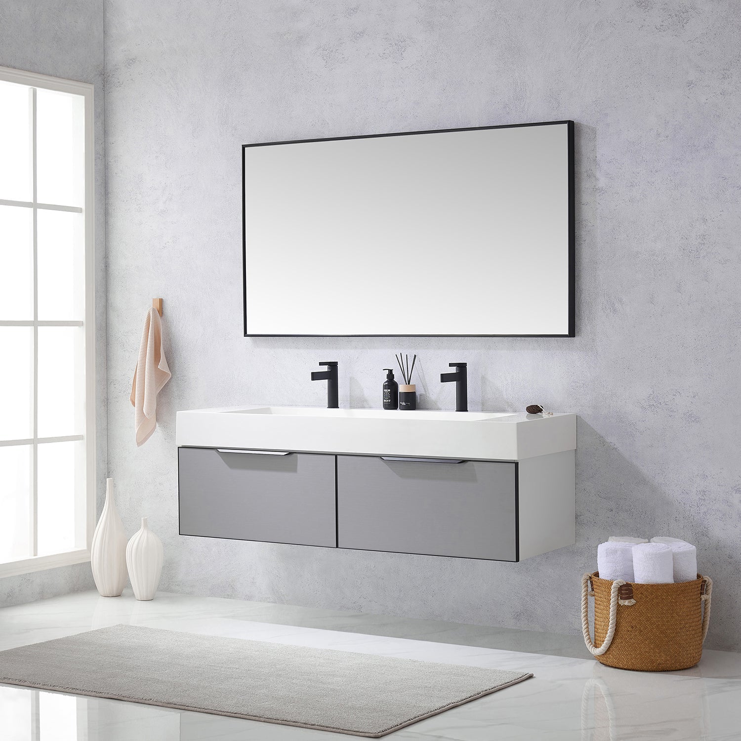 Vinnova Design Vegadeo 60" Double Sink Bath Vanity in Grey with White One Piece Composite Stone Sink Top - New Star Living