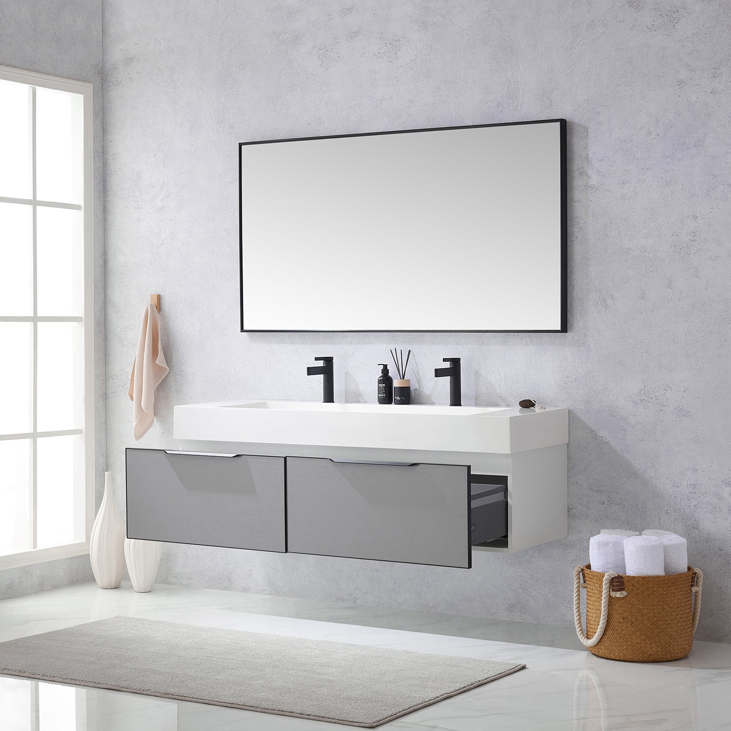 Vinnova Design Vegadeo 60" Double Sink Bath Vanity in Grey with White One Piece Composite Stone Sink Top - New Star Living