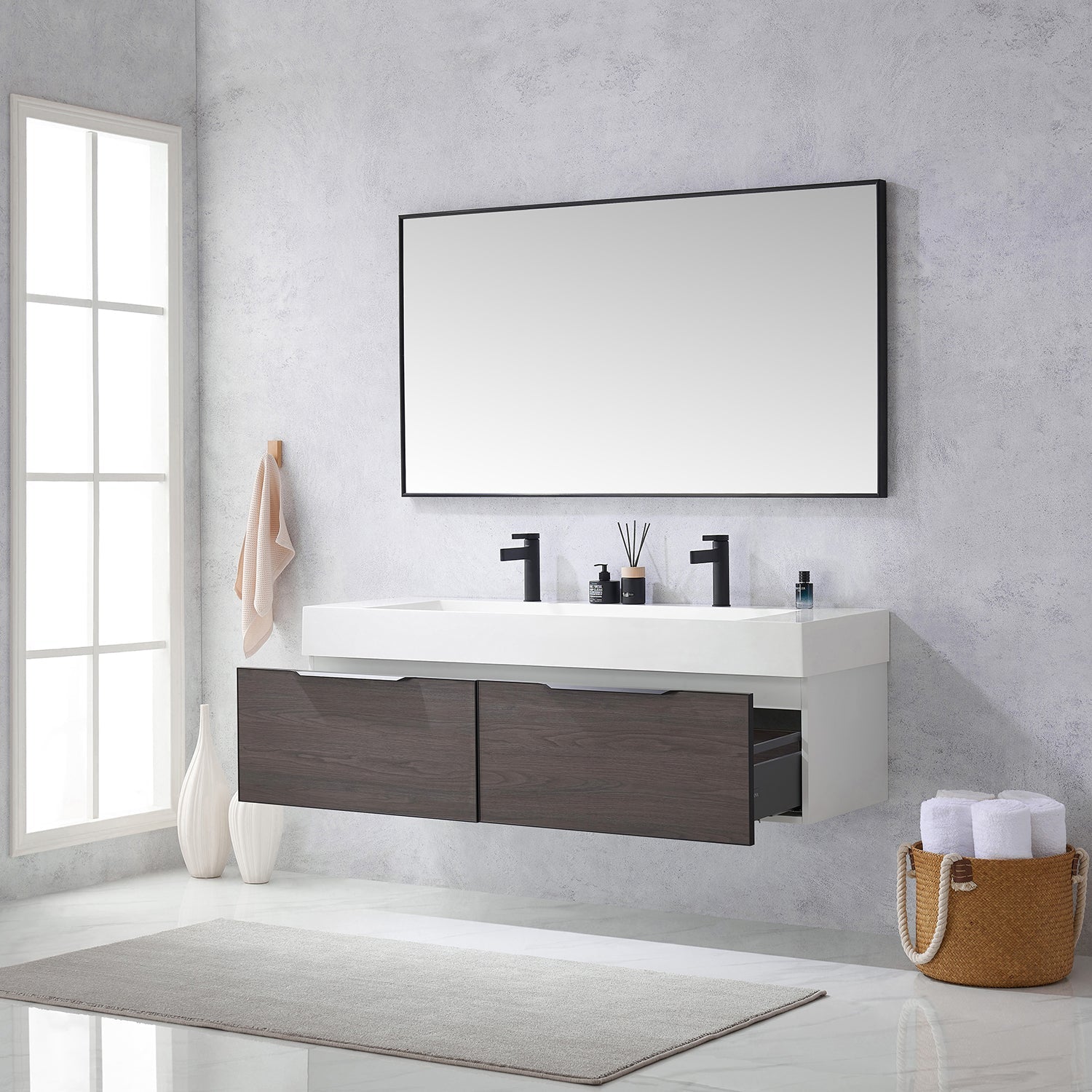 Vinnova Design Vegadeo 60" Double Sink Bath Vanity in Suleiman Oak with White One Piece Composite Stone Sink Top - New Star Living
