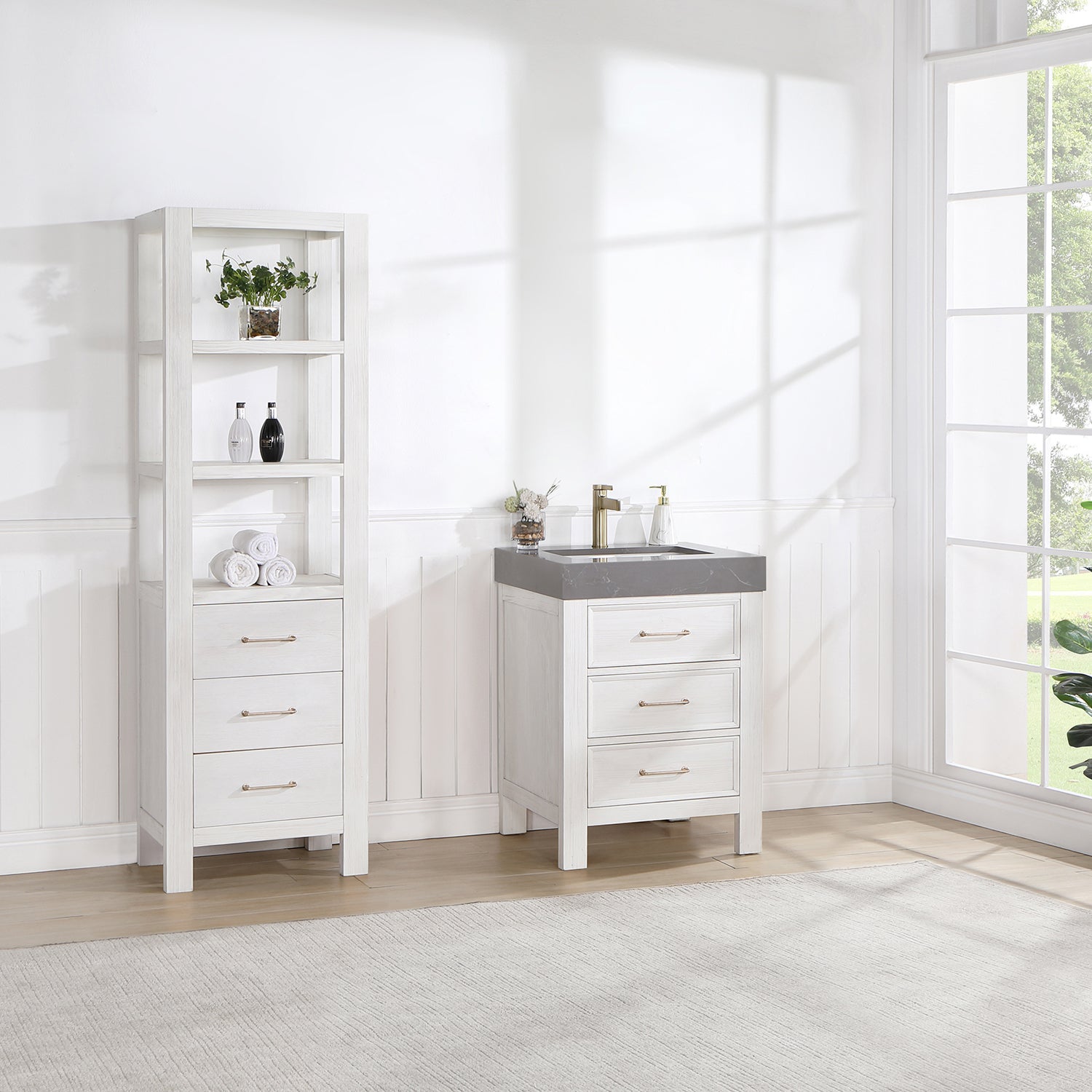 Vinnova Design León 24in. Free standing Single Bathroom Vanity in Fir Wood White with Composite top in Reticulated Grey - New Star Living