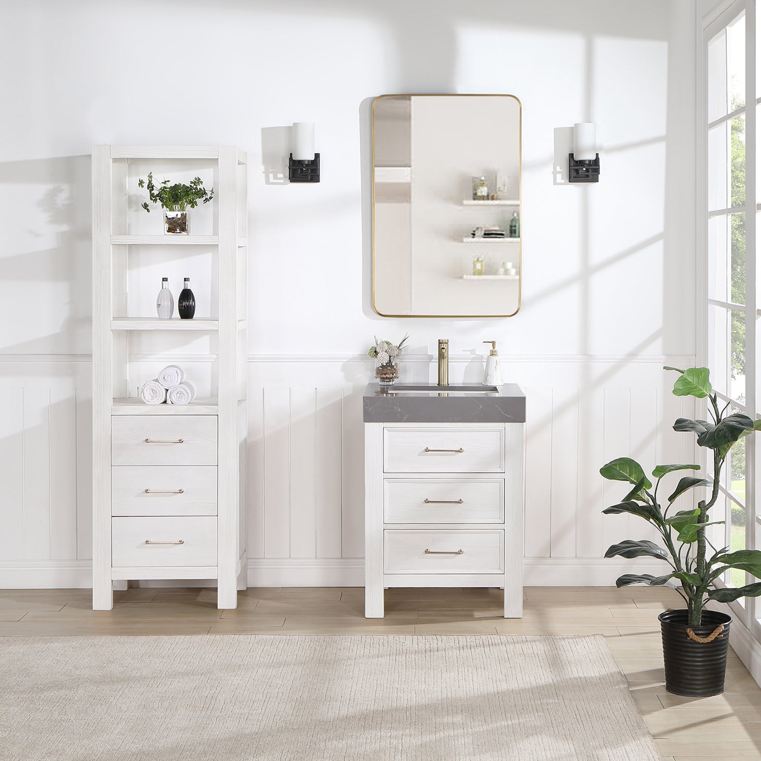 Vinnova Design León 24in. Free standing Single Bathroom Vanity in Fir Wood White with Composite top in Reticulated Grey - New Star Living