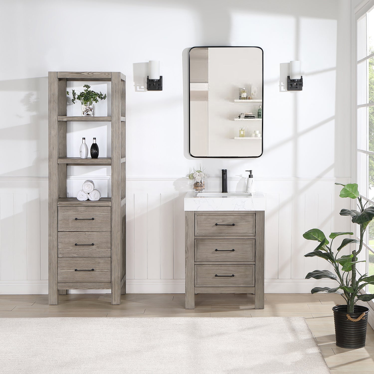 Vinnova Design León 24in. Free standing Single Bathroom Vanity in Fir Wood Grey with Composite top in Lightning White - New Star Living