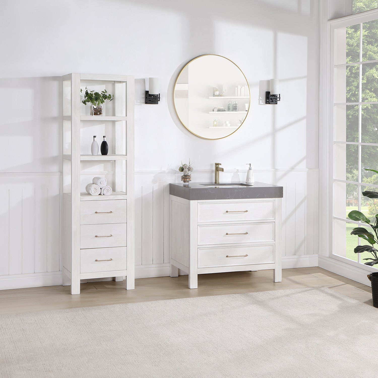 Vinnova Design León 36in. Free standing Single Bathroom Vanity in Fir Wood White with Composite top in Reticulated Grey - New Star Living
