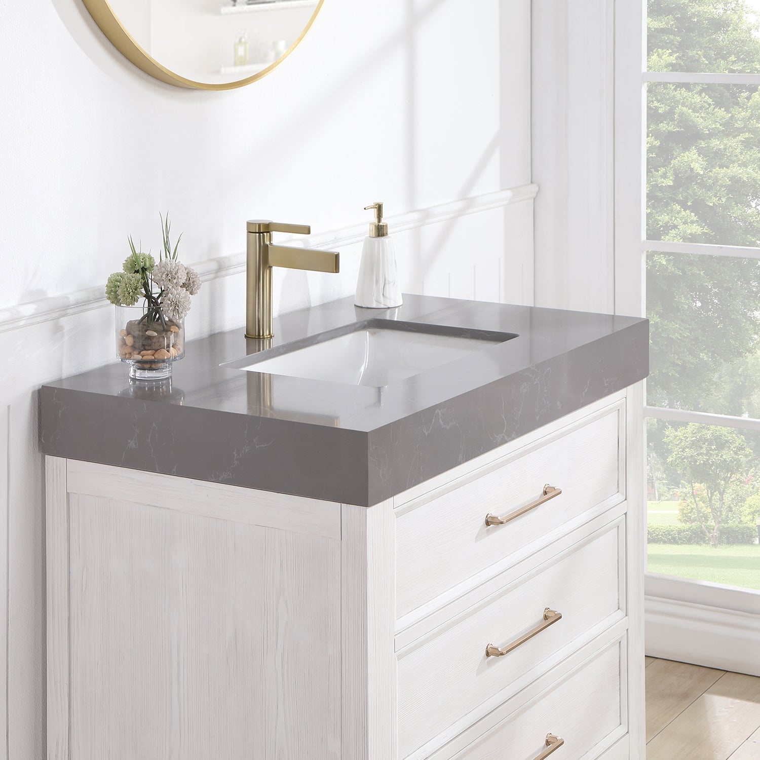 Vinnova Design León 36in. Free standing Single Bathroom Vanity in Fir Wood White with Composite top in Reticulated Grey - New Star Living