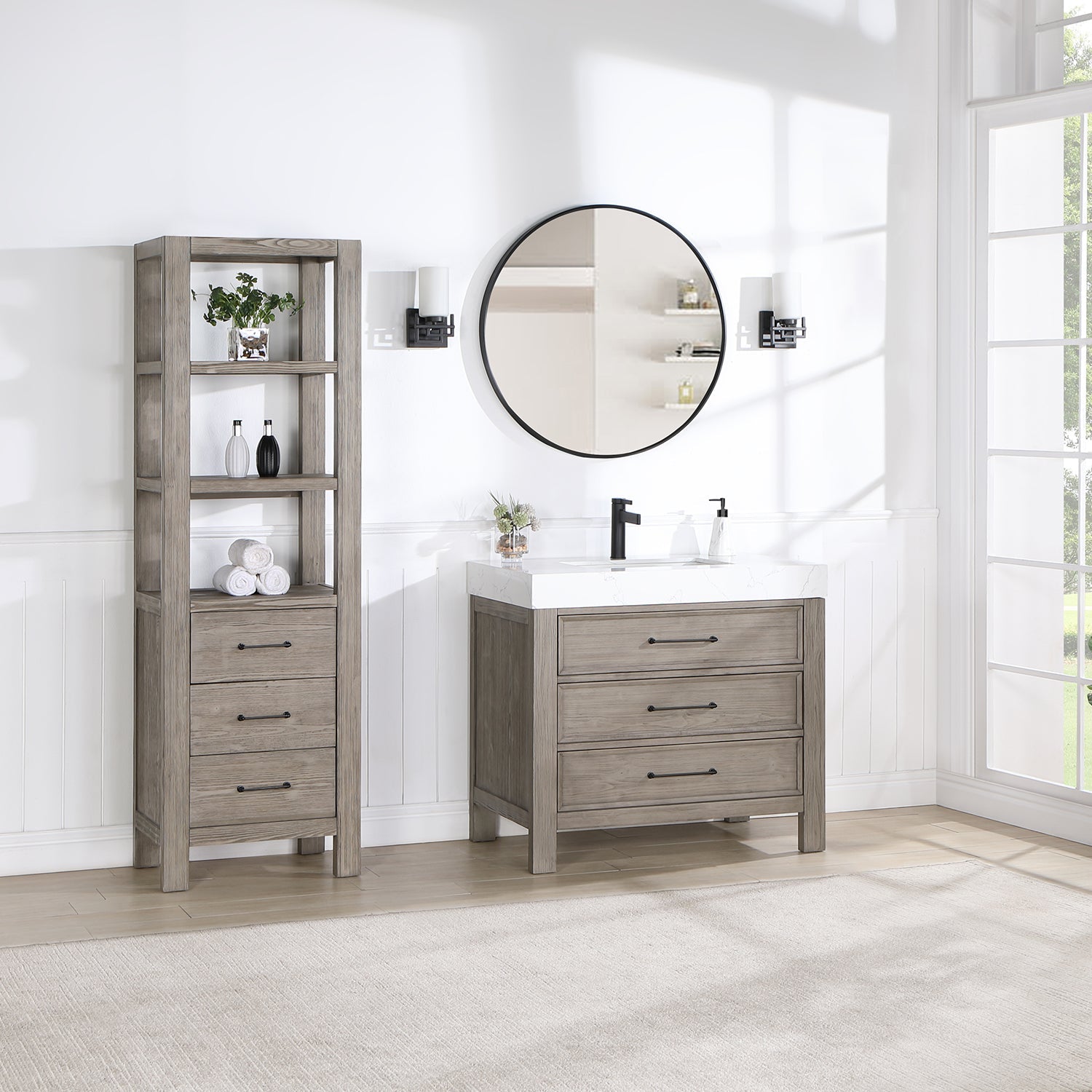 Vinnova Design León 36in. Free standing Single Bathroom Vanity in Fir Wood Grey with Composite top in Lightning White - New Star Living