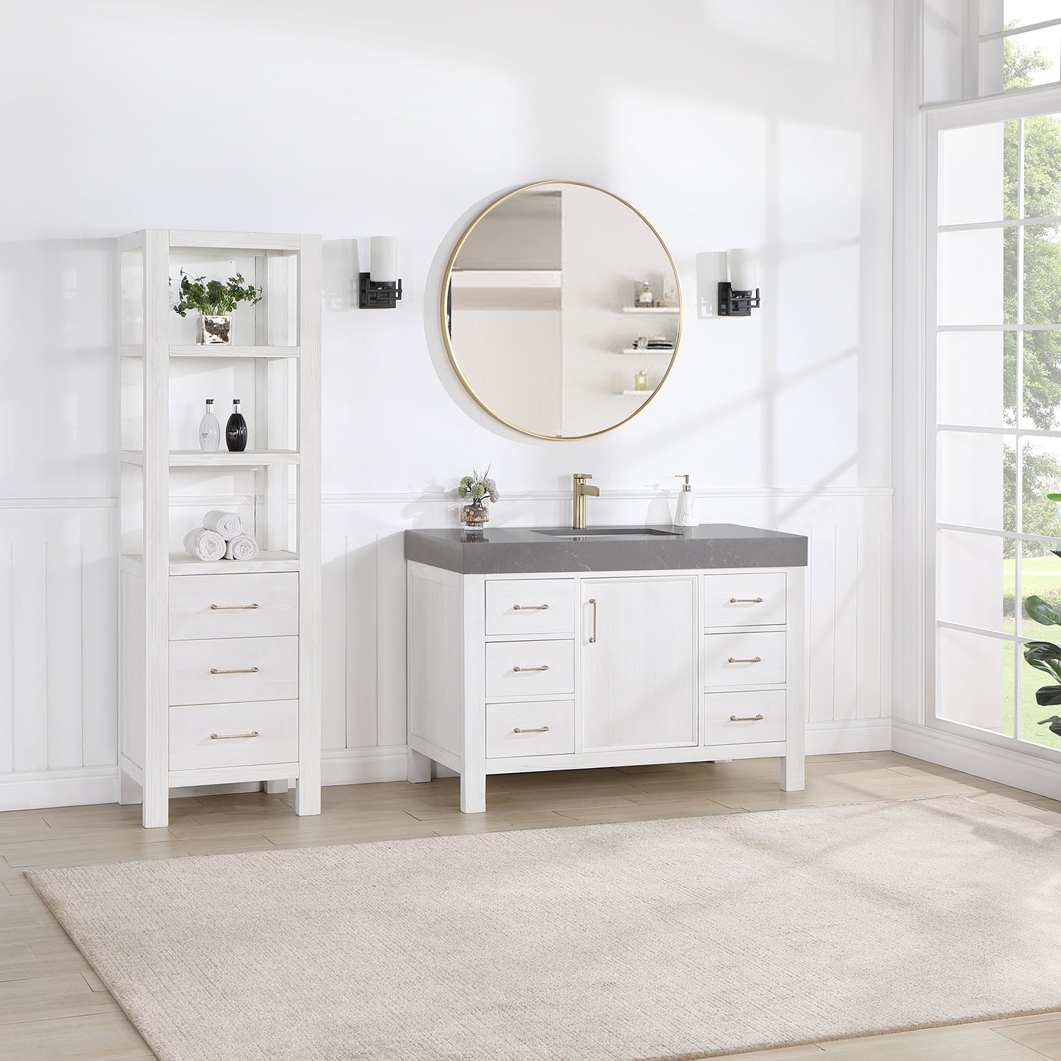 Vinnova Design León 48in. Free standing Single Bathroom Vanity in Fir Wood White with Composite top in Reticulated Grey - New Star Living