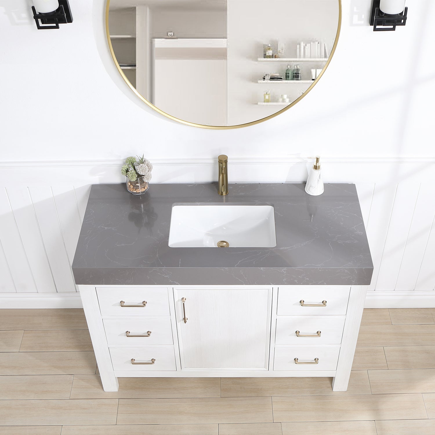 Vinnova Design León 48in. Free standing Single Bathroom Vanity in Fir Wood White with Composite top in Reticulated Grey - New Star Living