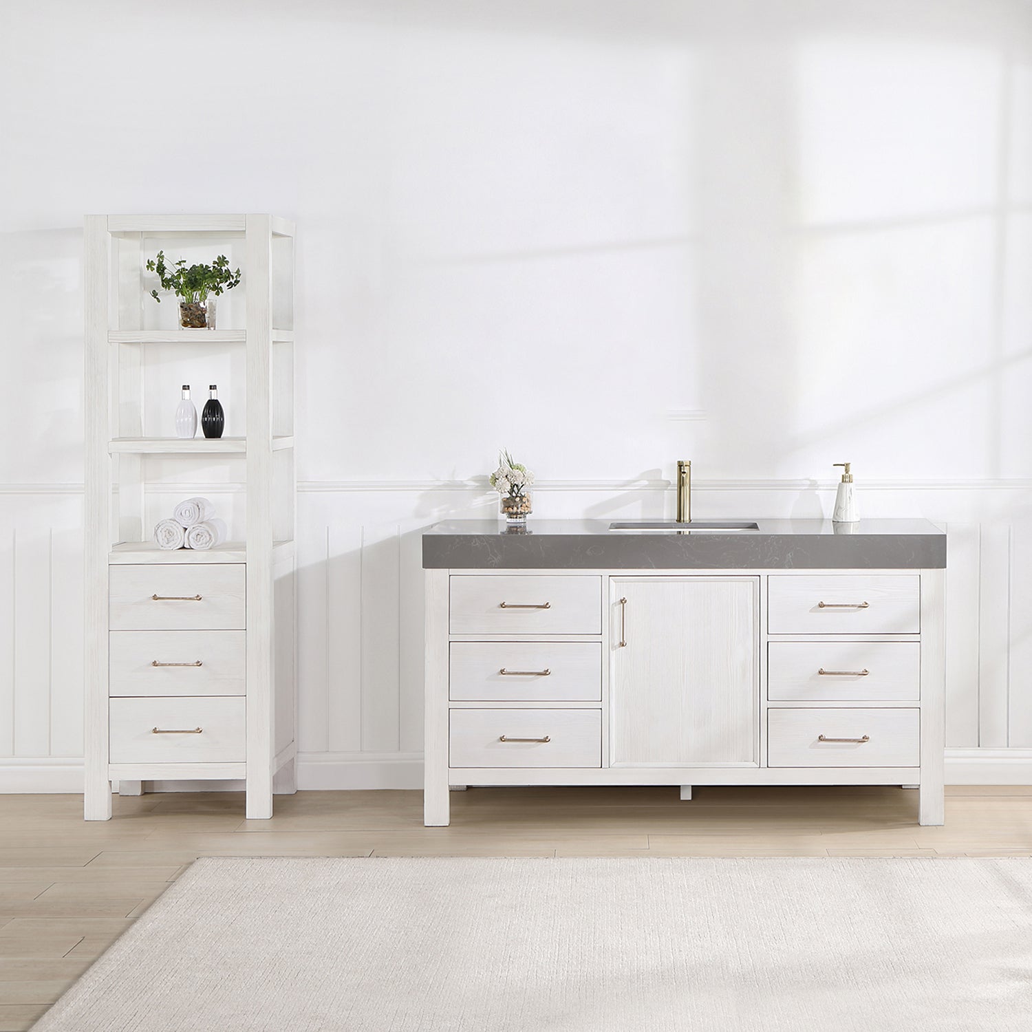 Vinnova Design León 60in. Free standing Single Bathroom Vanity in Fir Wood White with Composite top in Reticulated Grey - New Star Living