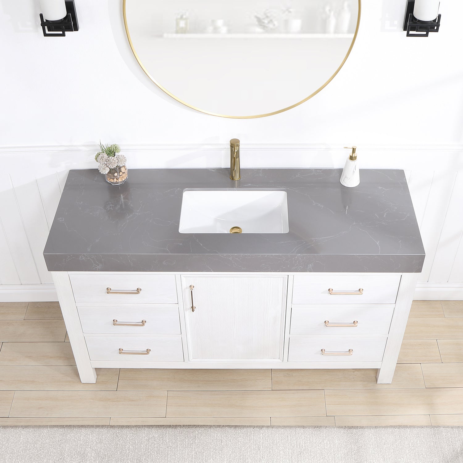 Vinnova Design León 60in. Free standing Single Bathroom Vanity in Fir Wood White with Composite top in Reticulated Grey - New Star Living
