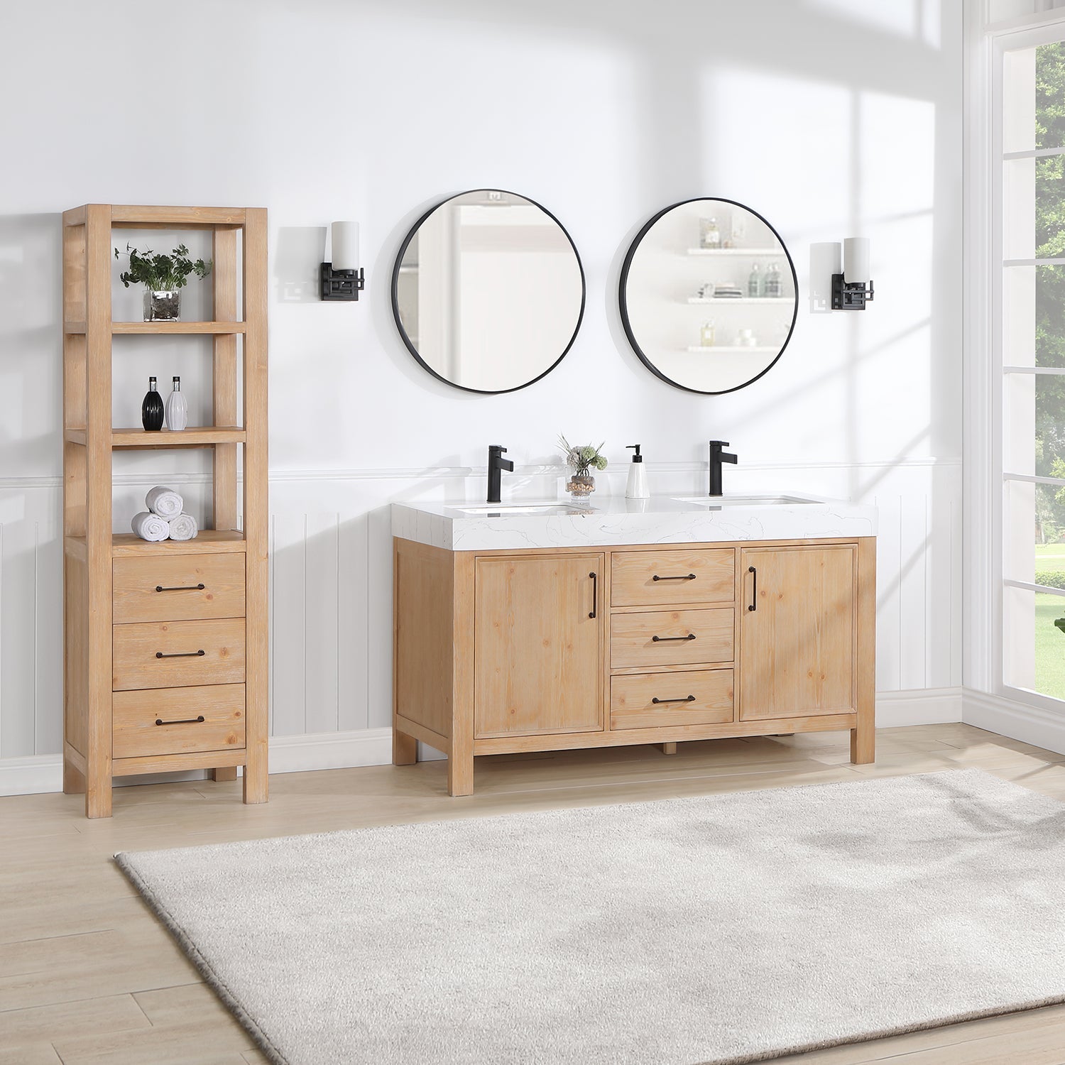 Vinnova Design León 60in. Free standing Double Bathroom Vanity in Fir Wood Brown with Composite top in Lightning White - New Star Living