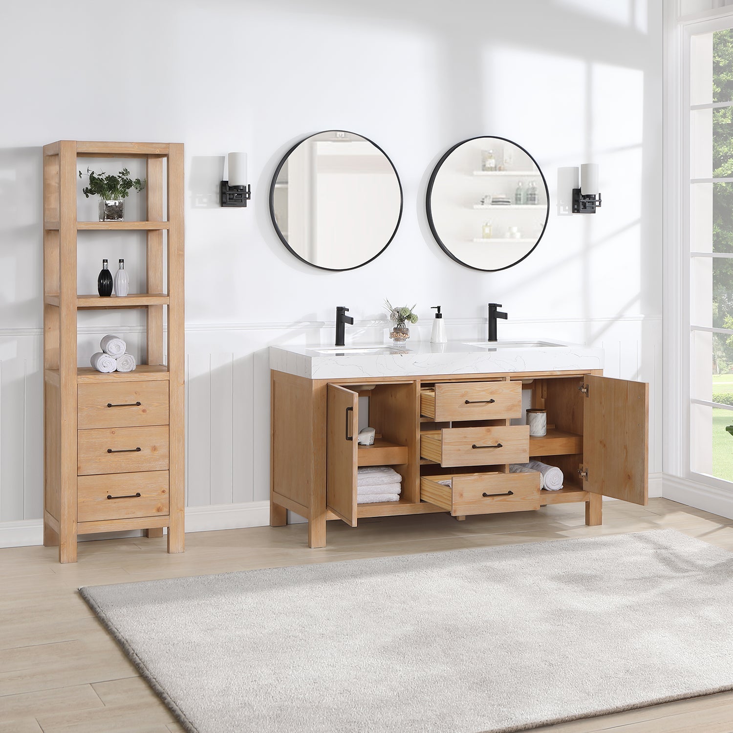 Vinnova Design León 60in. Free standing Double Bathroom Vanity in Fir Wood Brown with Composite top in Lightning White - New Star Living