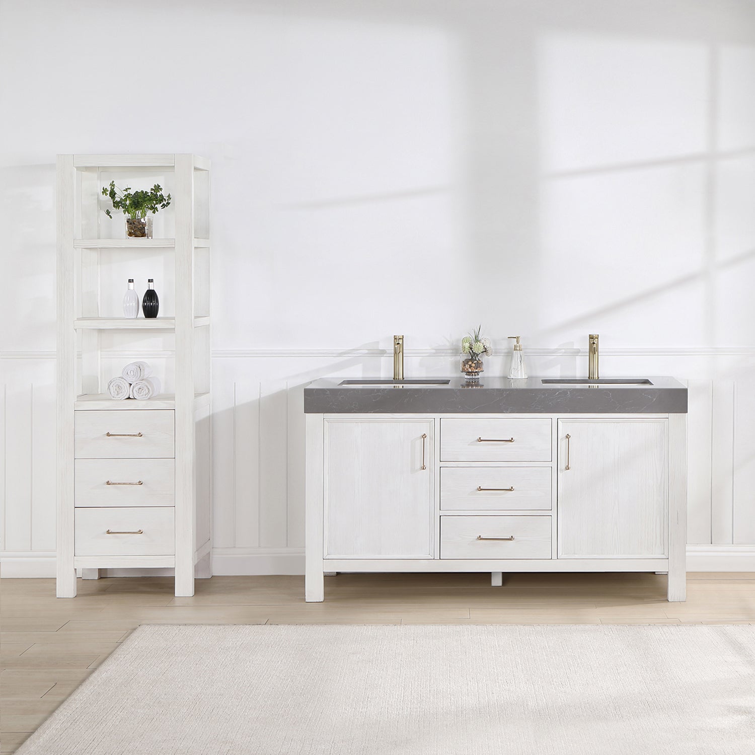 Vinnova Design León 60in. Free standing Double Bathroom Vanity in Fir Wood White with Composite top in Reticulated Grey - New Star Living